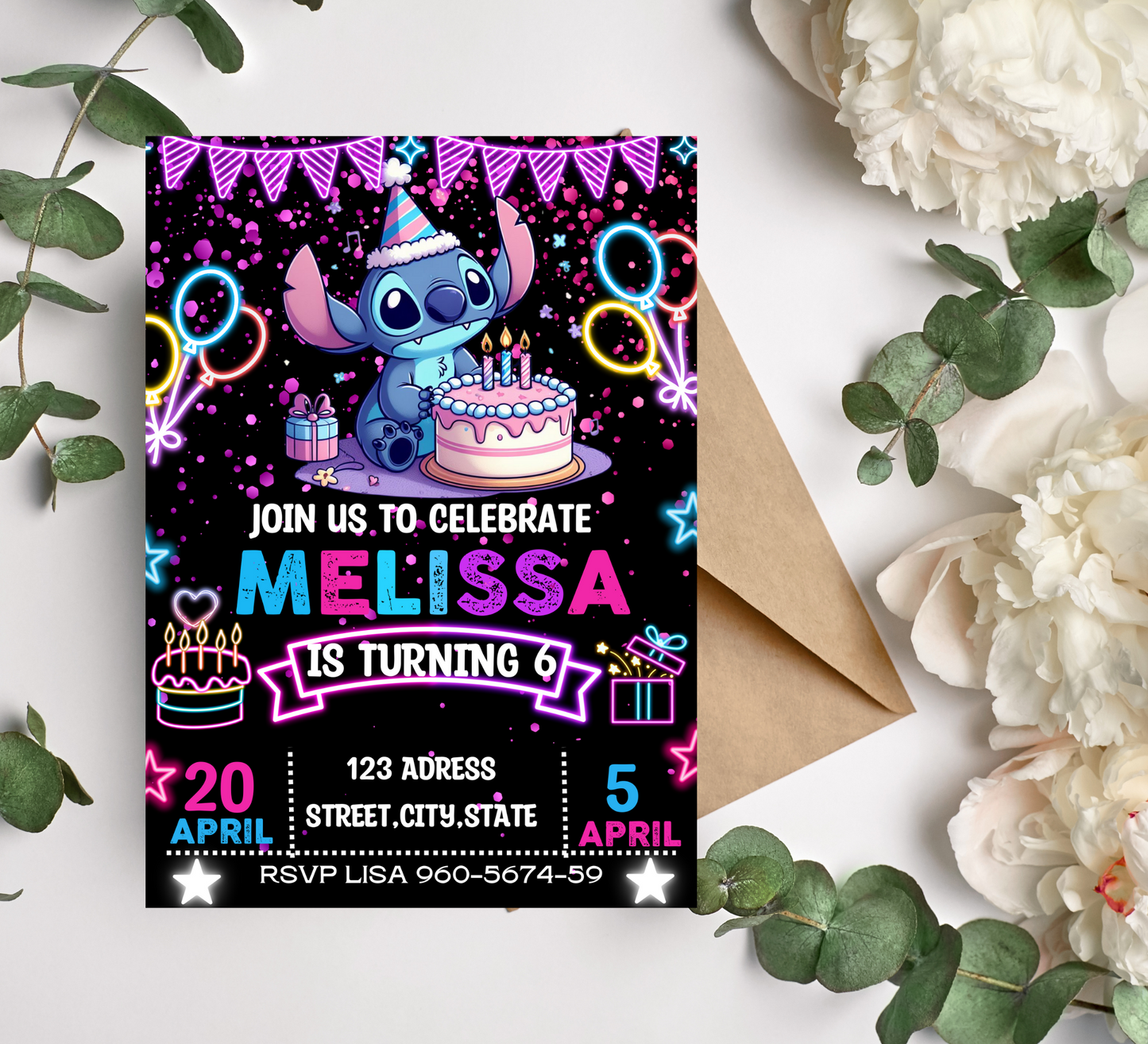 Stitch Neon Glow Birthday Invitation | Lilo & Stitch Party Invite | Customizable Digital Template