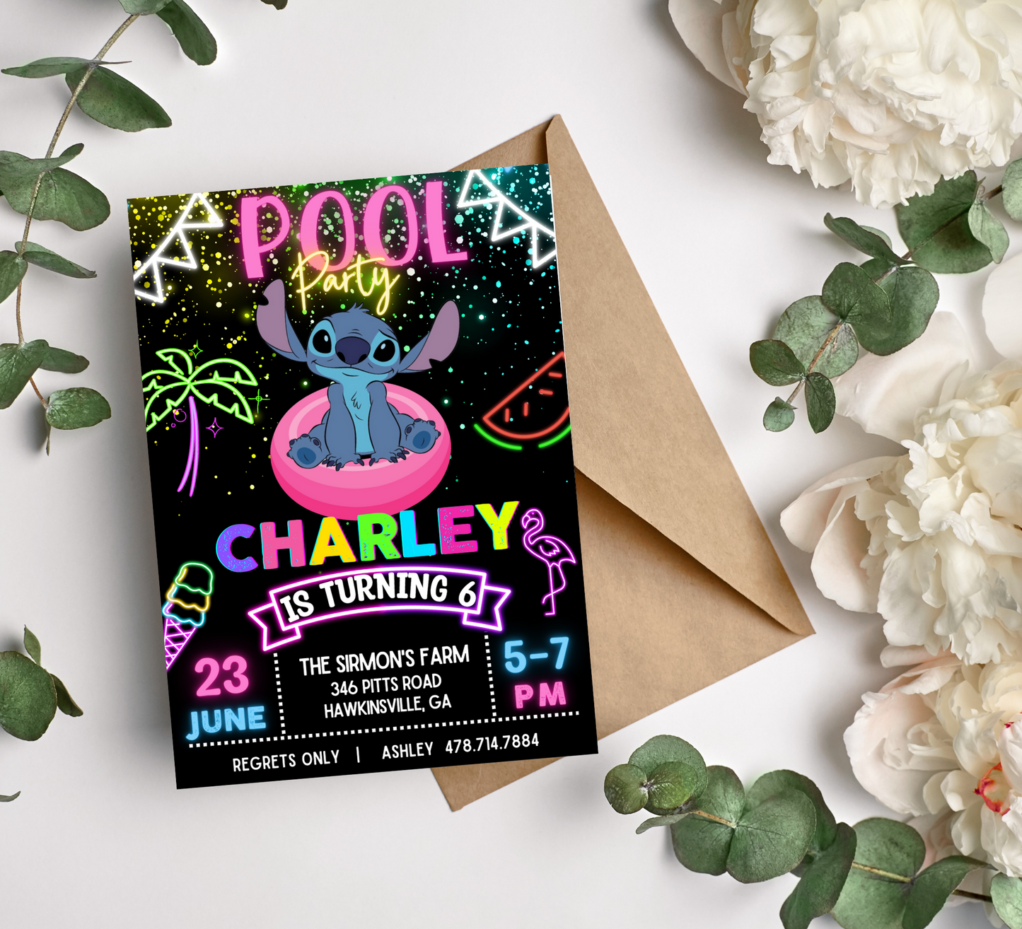 Stitch Neon Pool Birthday Invitation | Vibrant Tropical Celebration Theme