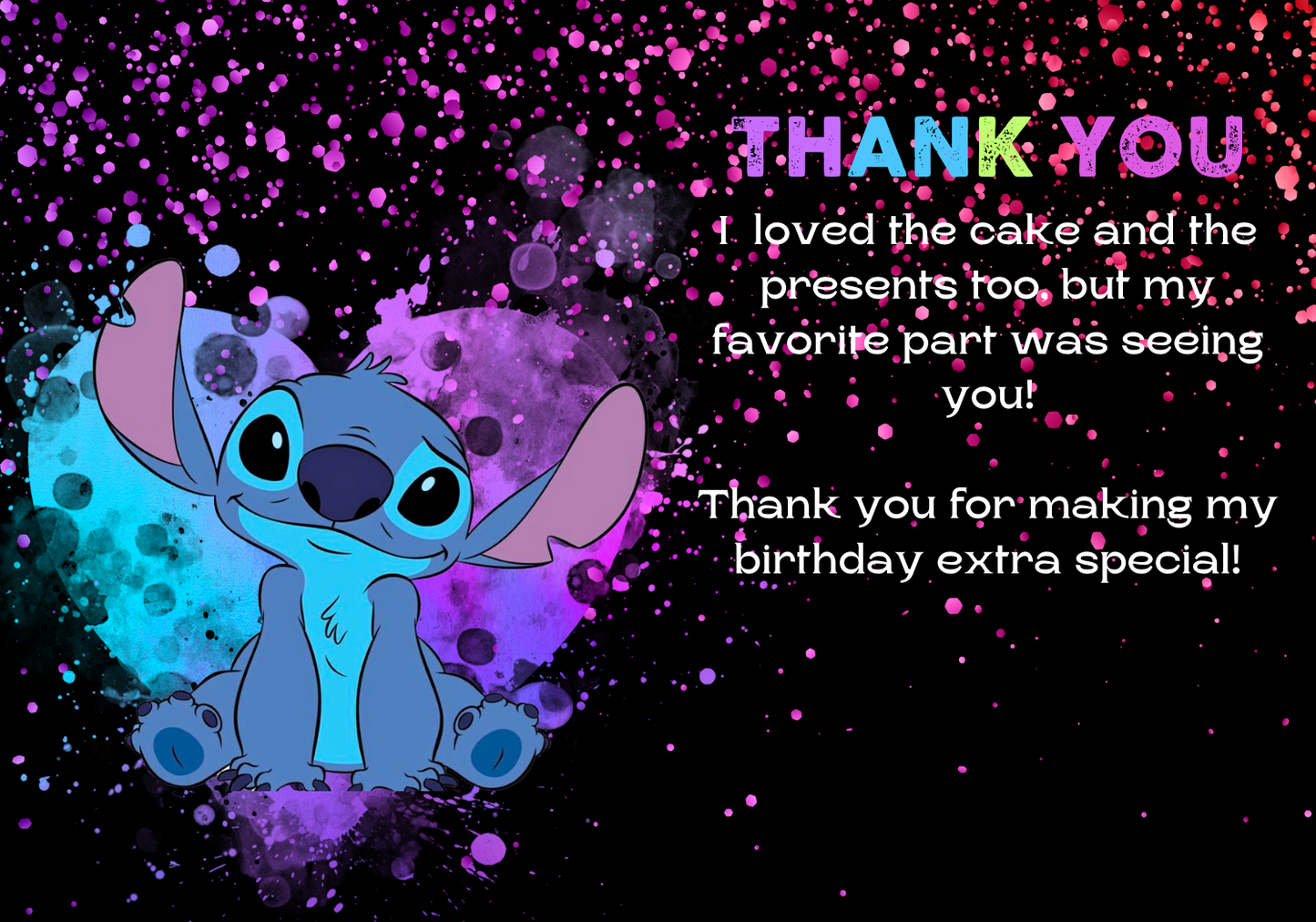 Stitch Neon Birthday Thank You Card | Lilo & Stitch Party Appreciation Note