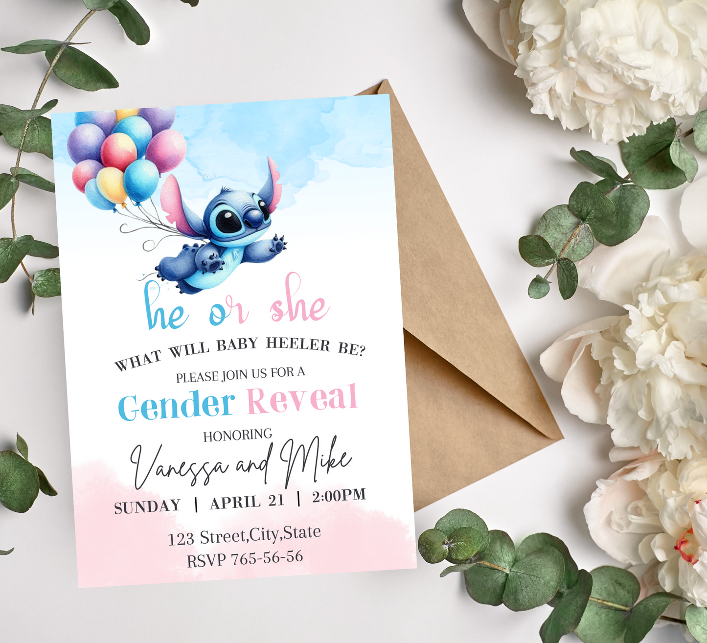 Stitch Watercolor Gender Reveal Invitation | Tropical Ohana Theme