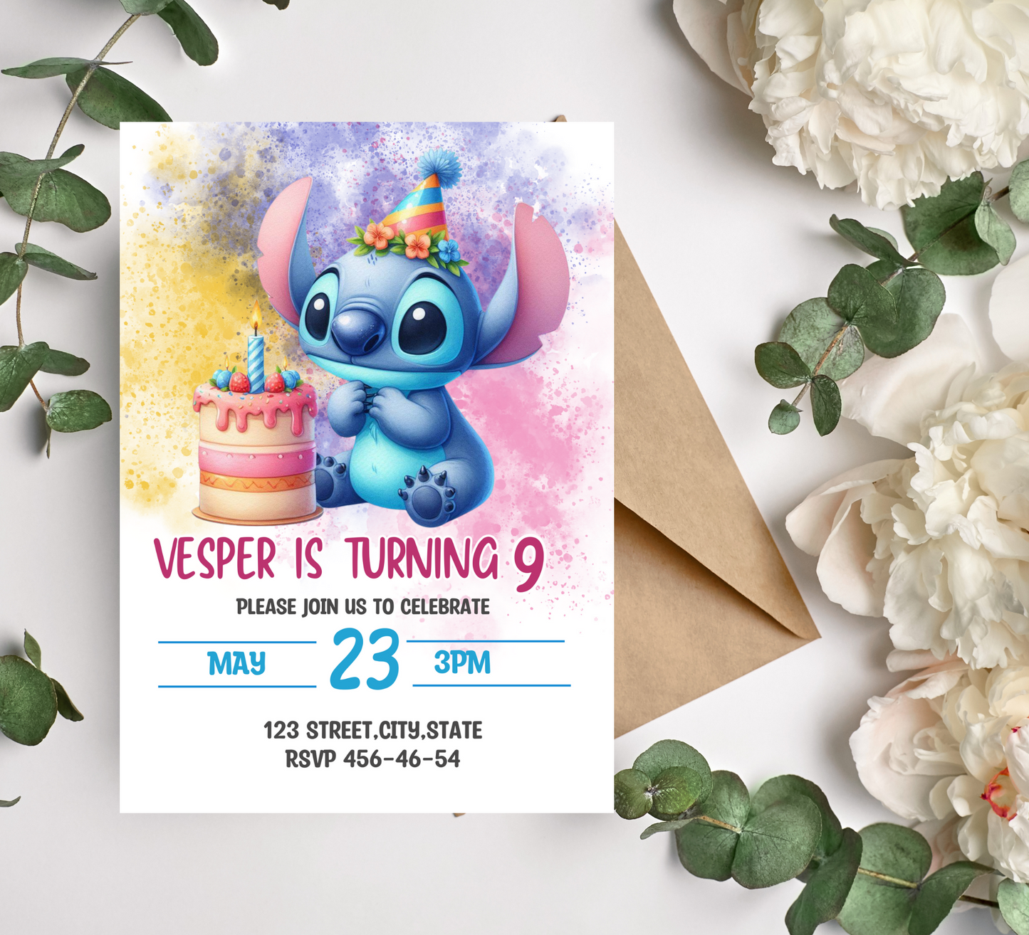 Editable Watercolour Stitch Birthday Invitation and Favor Tag Template, Canva Editable Birthday Invitation, Lilo Stitch Angel Birthday Party Invitation