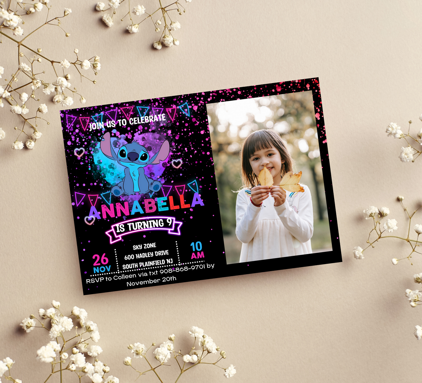 Stitch Neon Birthday Invitation with Personalized Photos | Lilo & Stitch Party Invite | Vibrant Celebration Theme