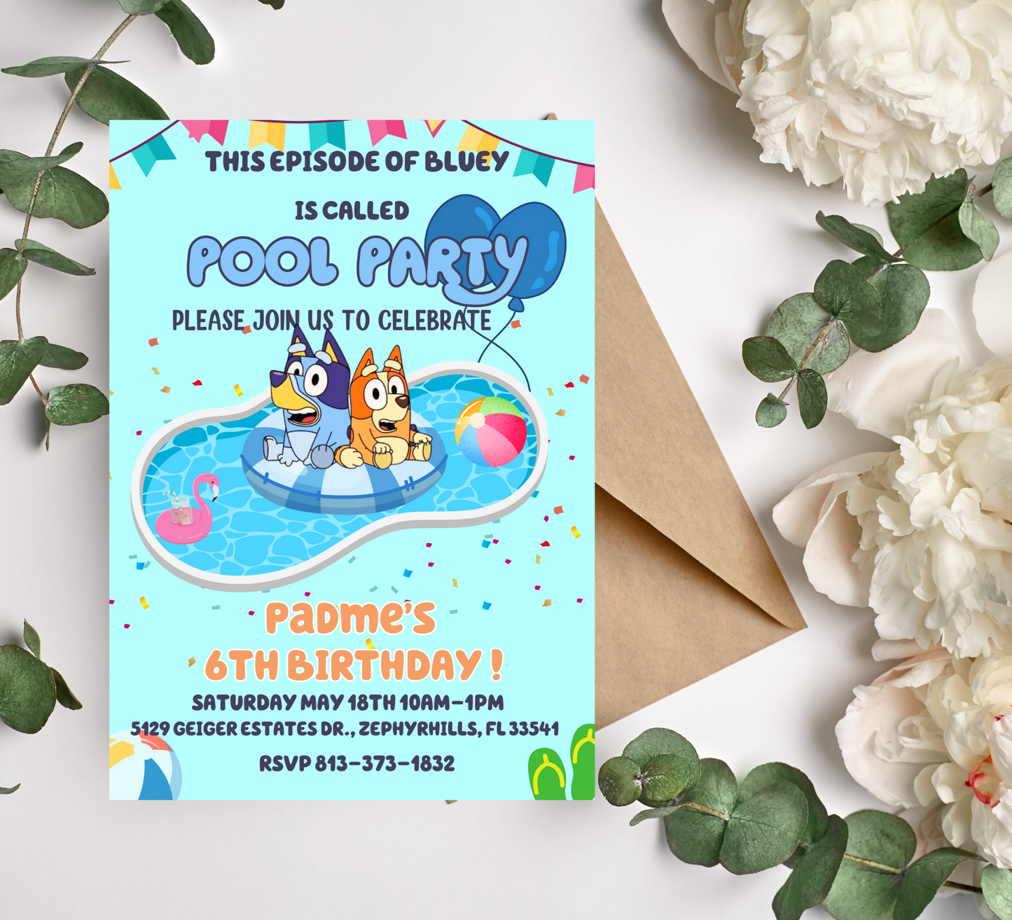 Bluey & Bingo Pool Party Birthday Invitation | Customizable Kids Invite