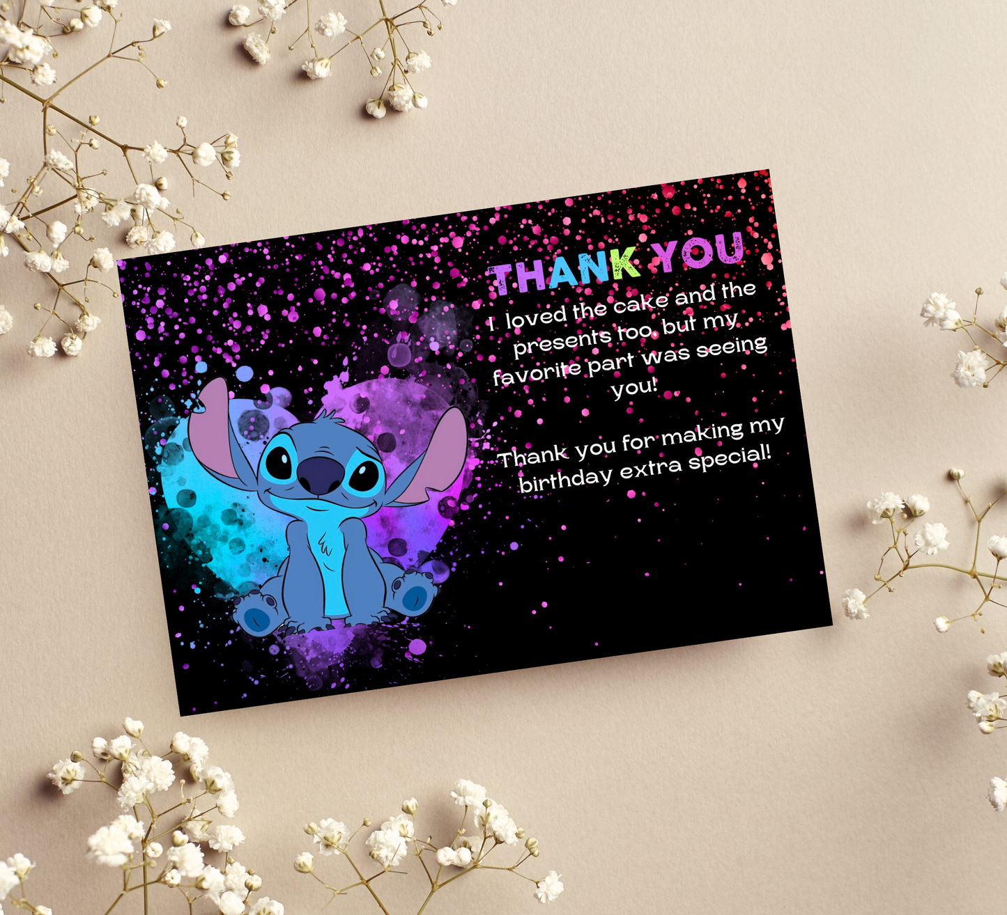 Stitch Neon Birthday Thank You Card | Lilo & Stitch Party Appreciation Note