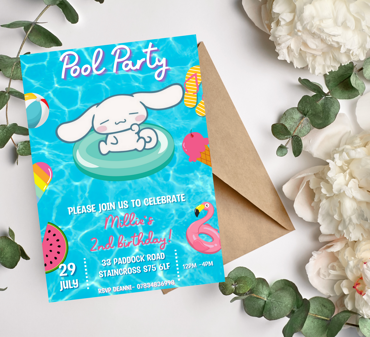 Cinnamoroll Party Invitation for Girls, Hell Kitty and Friends Invite, Canva editable birthday Template, Cinnamon Roll Kuroni Kawaii Party