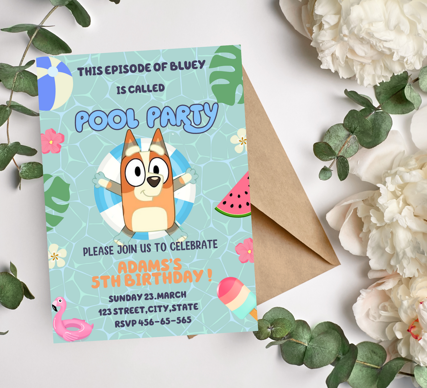 Bluey Pool Birthday Bash: Bluey & Bingo Puppy Invitation for a Splash-tastic Celebration!