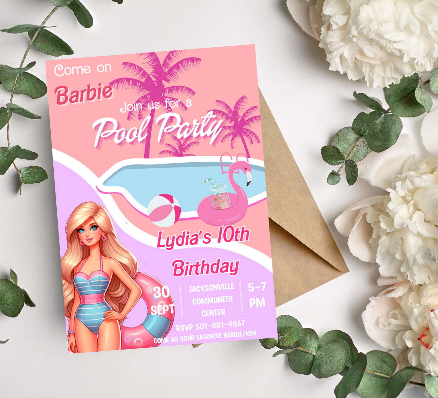 Barbie Pool PartyBirthday  Invitation: Come On Barbie, Let's Party by the Pool