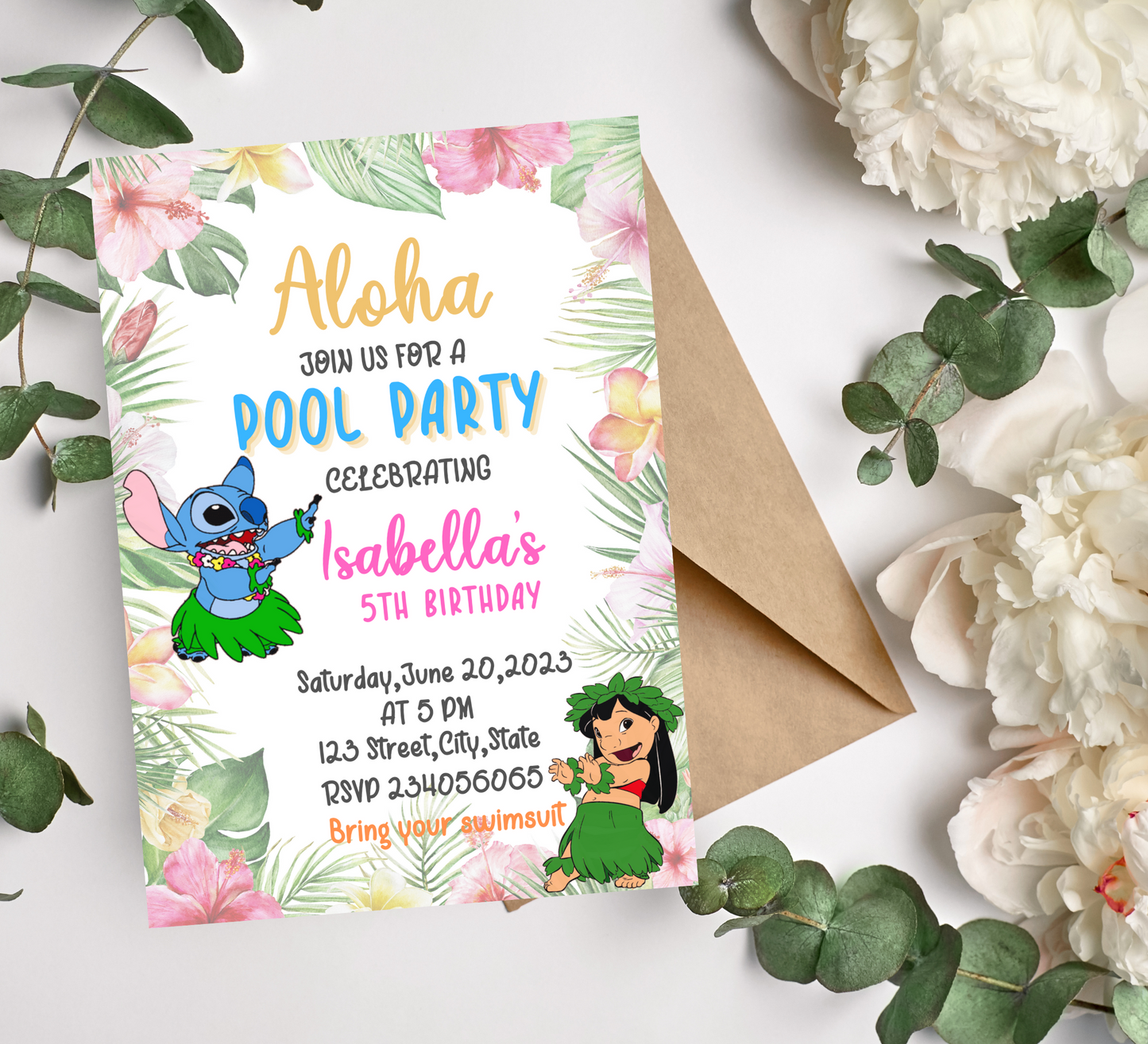 Aloha Stitch & Lilo Pool Party Birthday Invitation: Hawaiian Tropical Celebration with Stitch, Lilo, and Friends Under the Sun