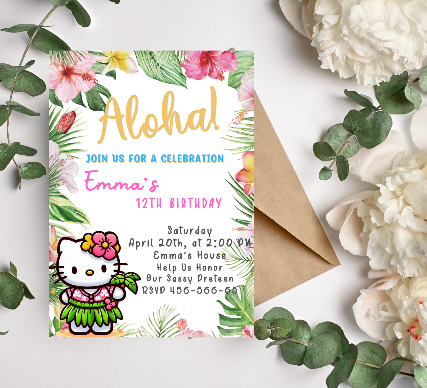 Aloha Ohana: Hello Kitty Tropical Hawaiian Birthday Invitation for a Hawiian Luau Celebration