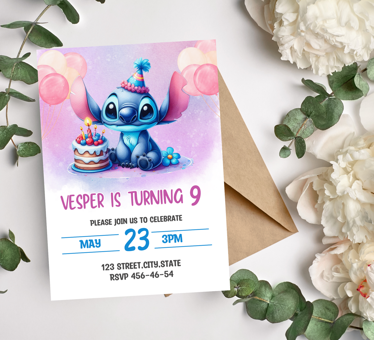 Editable Stitch Birthday Invitation and Favor Tag Template, Canva Editable Birthday Invitation, Lilo Stitch Angel Birthday Party Invitation