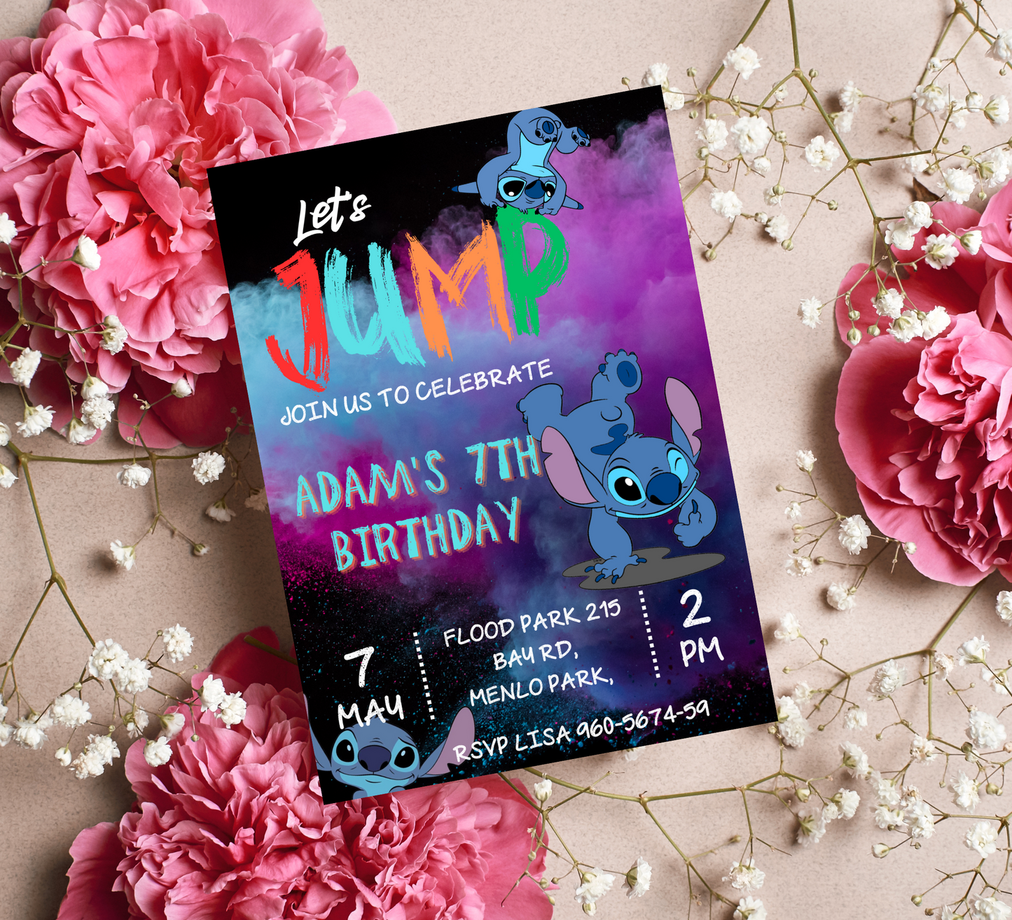 "Stitch Jump Birthday Invitation and Thank You Card Set - Adventure with Stitch Theme