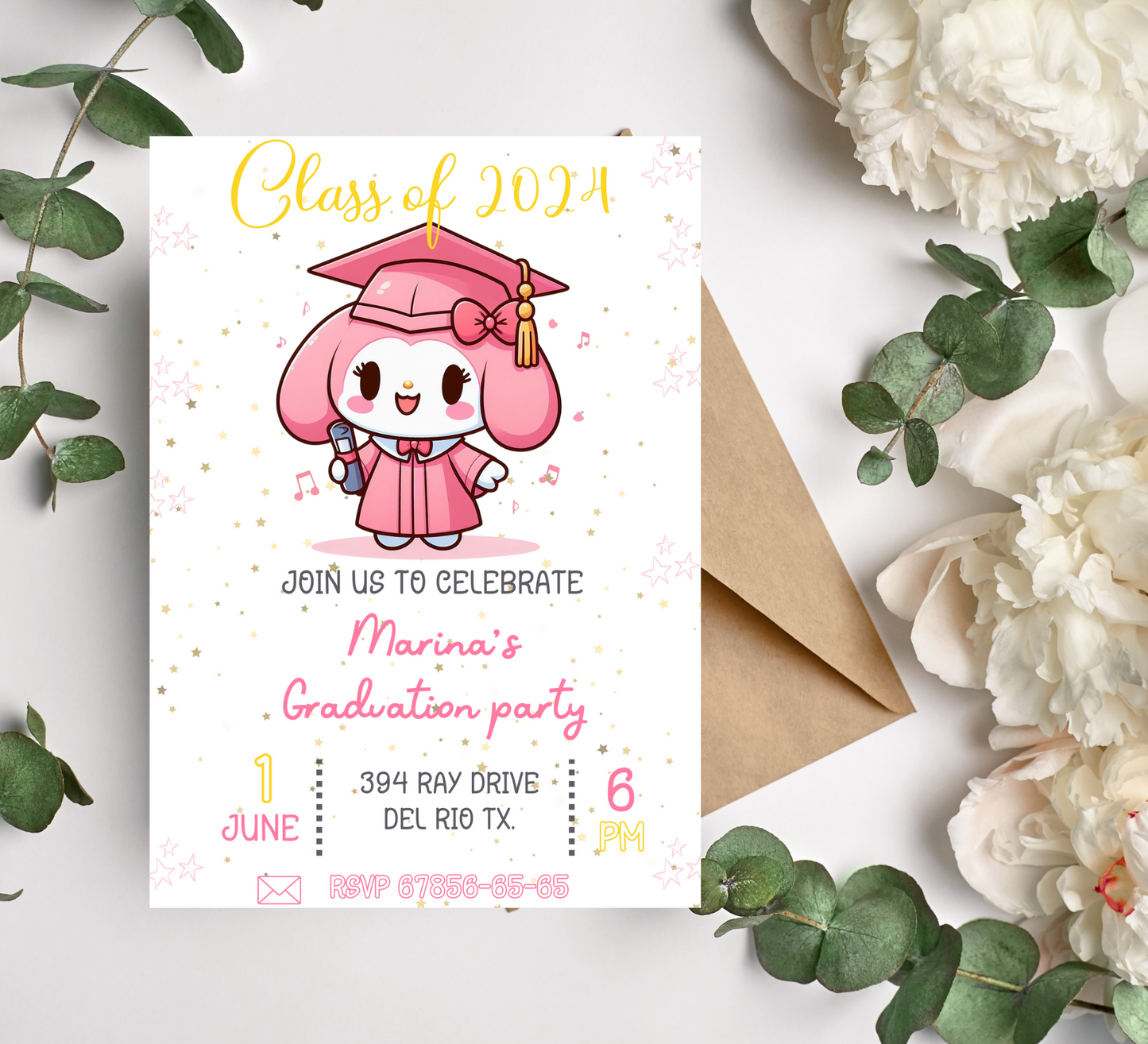 y Melody Graduation Invitation: Kawaii Graduation Party Invite for Your Special Celebration!