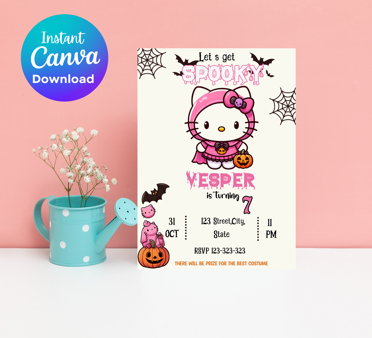 "Hello Kitty Pink Halloween Birthday Invitation - Customizable Digital Girls Party Invite