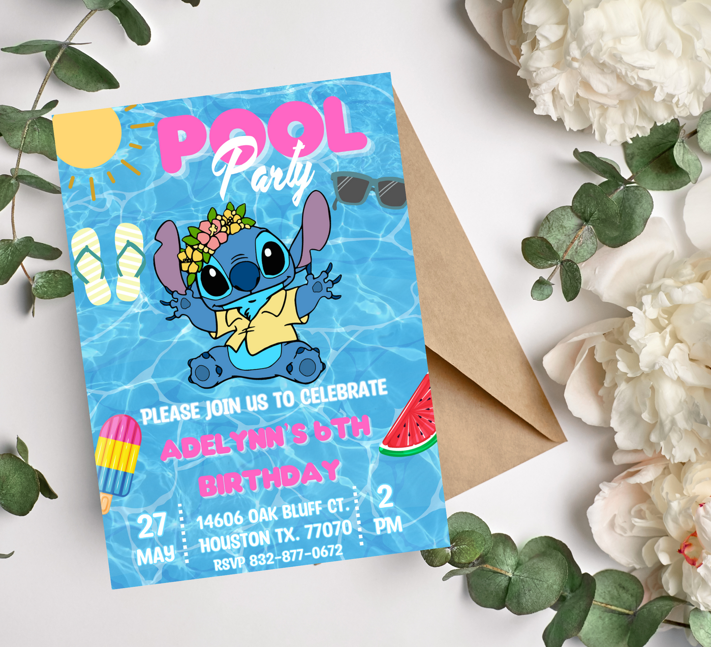 Stitch Pool Neon Hawaiian Birthday Invitation with Thank You Card Set | Tropical Celebration Duo