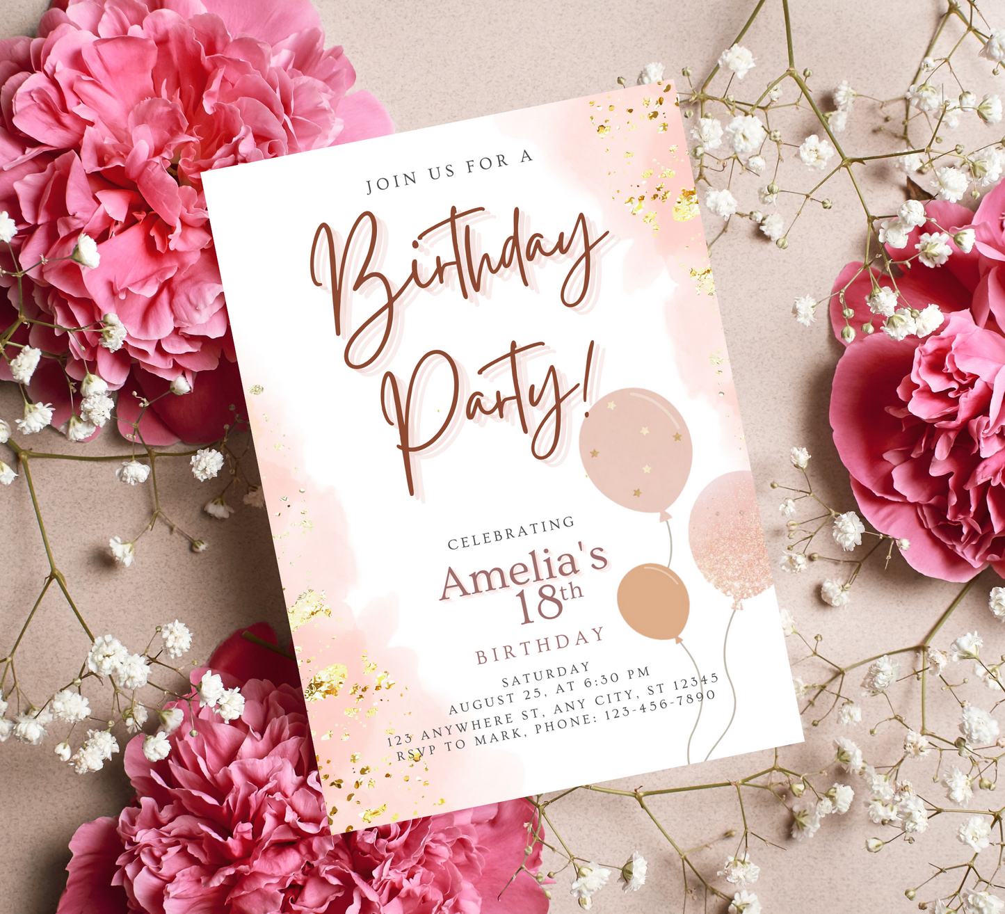 Chic Rose Gold Balloon Birthday Invitation: Elegant Celebration with Sparkling Accents