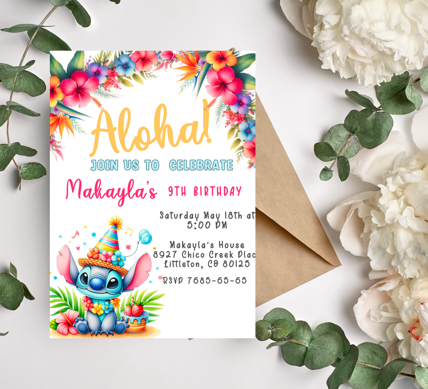 Aloha Ohana Stitch Tropical Hawaiian Birthday Invitation - Editable Digital Download"