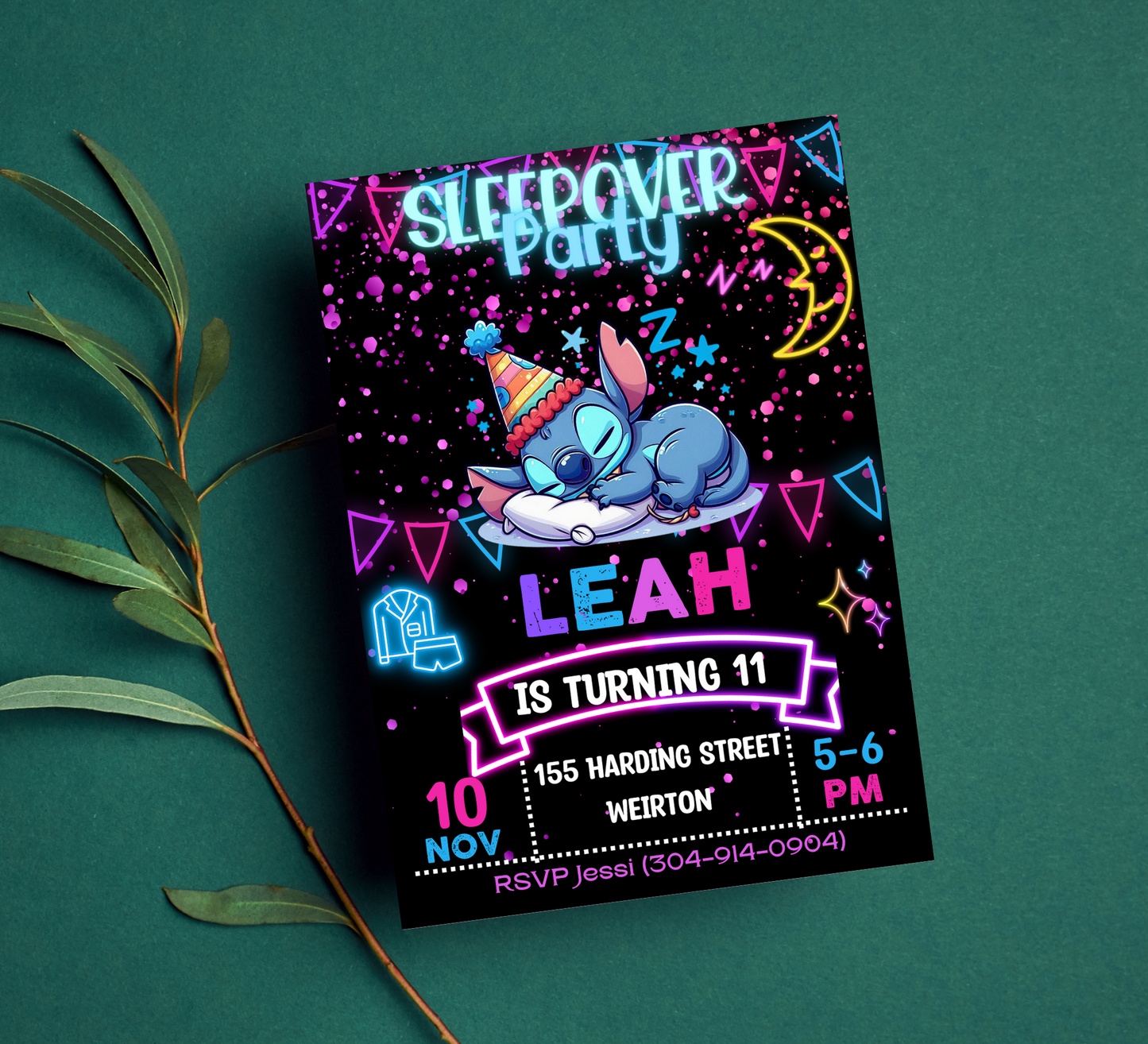 Stitch Sleepover Neon Birthday Invitation | Lilo and Stitch Party Invite | Editable Digital Download | Vibrant and Fun Sleepover Theme