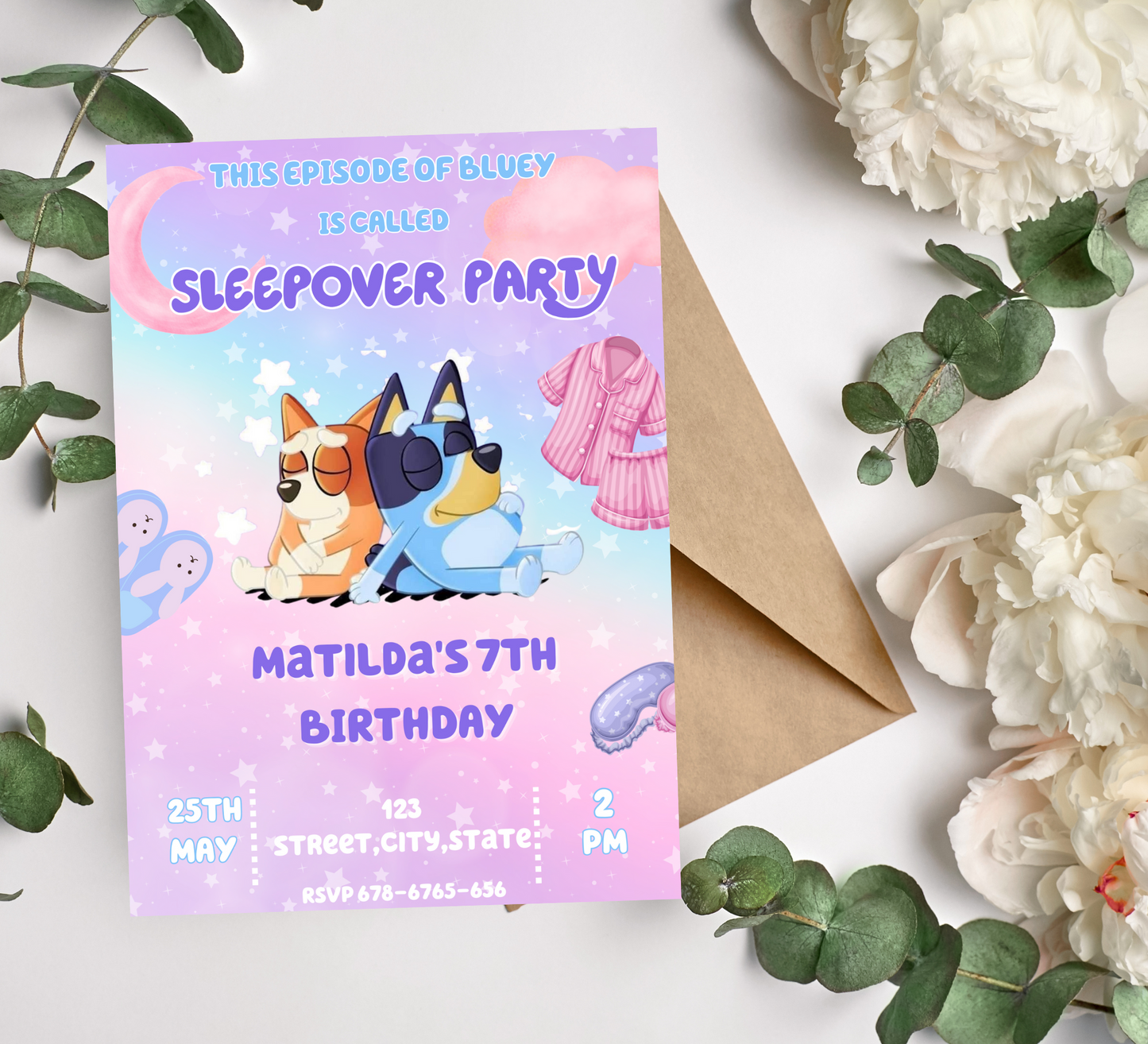 Bluey Sleepover Birthday Invitation: Bingo's Slumber Party Fun | Editable DIY Printable Template