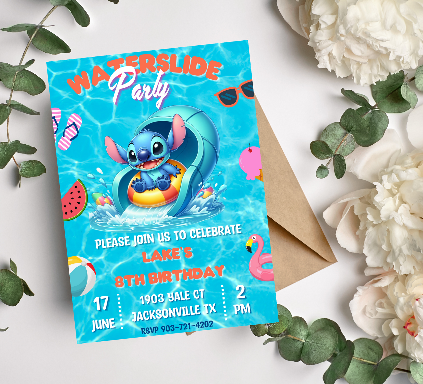 Stitch Pool Waterslide Birthday Invitation | Splash Party Fun | Customizable Digital Invite