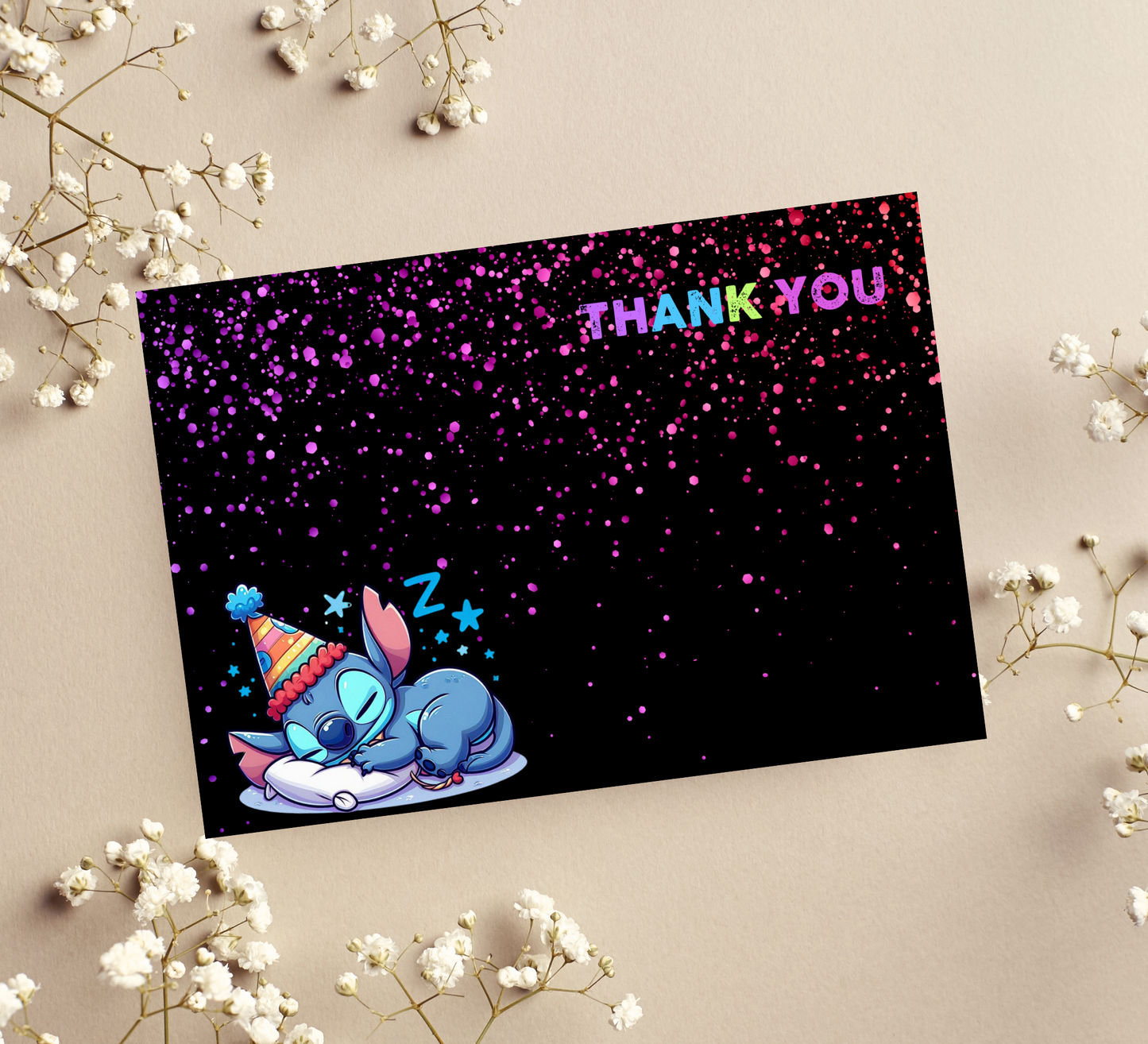 Stitch Sleepover Neon Birthday Thank You Card | Lilo and Stitch Party Appreciation Note | Vibrant and Fun Sleepover Theme