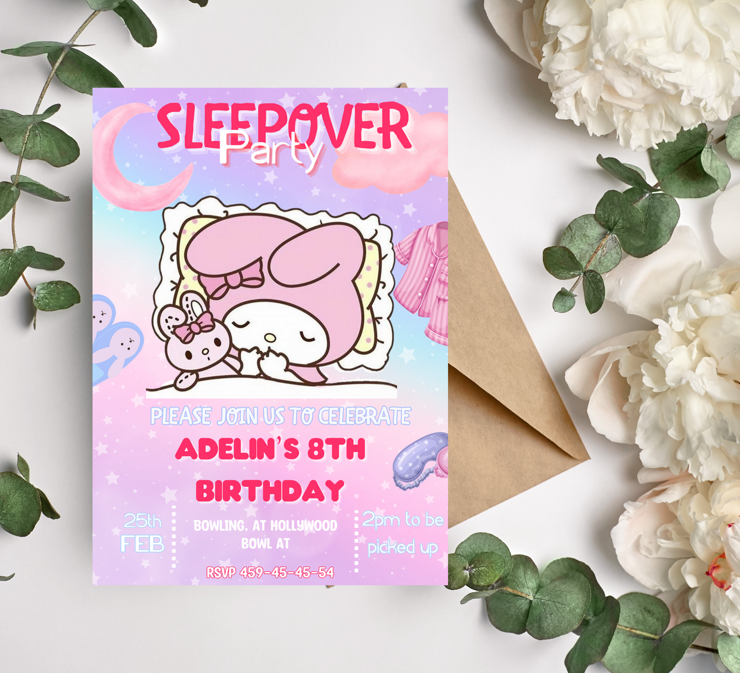 "My Melody Kawaii Sleepover Birthday Invitation - Pink and White Bunny Theme - Editable Digital Download"