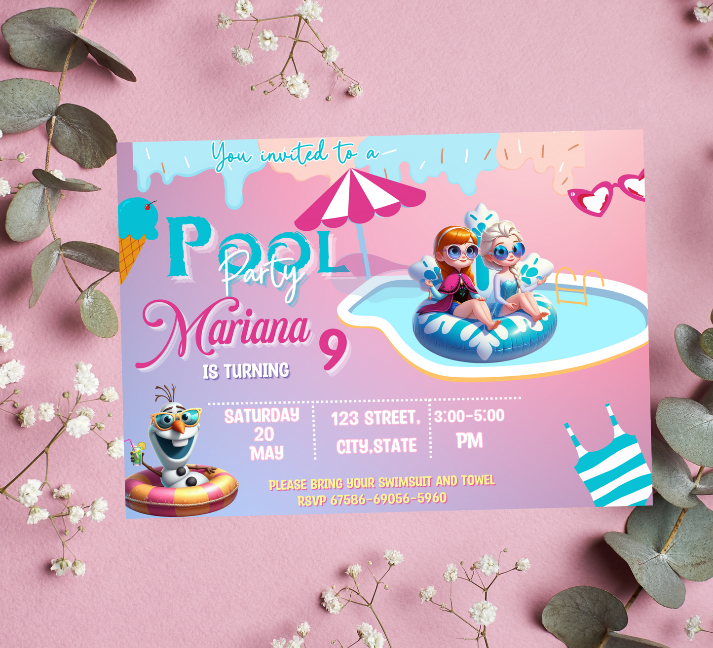 Chill with Elsa, Anna & Olaf: Frozen Pool Birthday Invitation, Magical Splash Party with Disney Friends