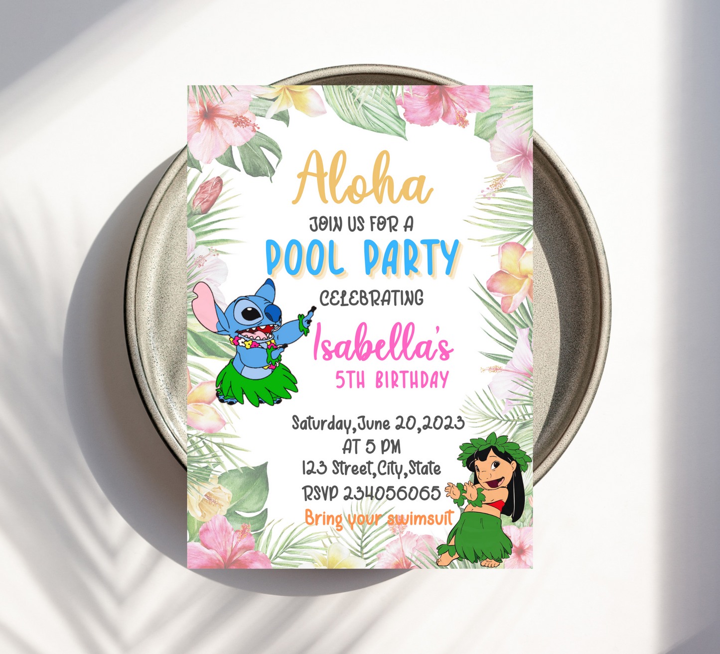 Aloha Stitch & Lilo Pool Party Birthday Invitation: Hawaiian Tropical Celebration with Stitch, Lilo, and Friends Under the Sun