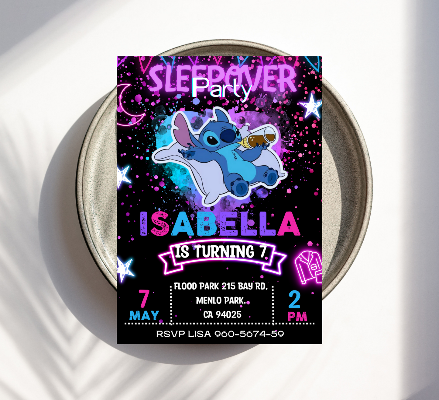 Stitch Neon Sleepover Birthday Invitation  Thank You Card Template: Editable Canva Birthday Invite, Lilo  Stitch Party Celebration"