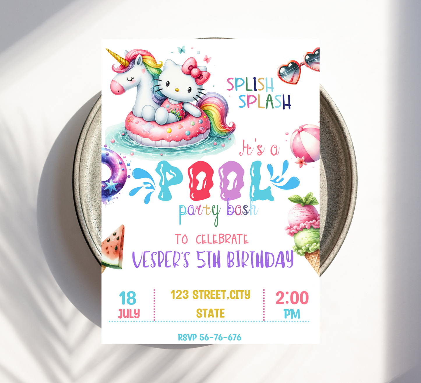 Editable Hello Kitty Watercolor Pool Party Unicorn Invitation - Canva Template