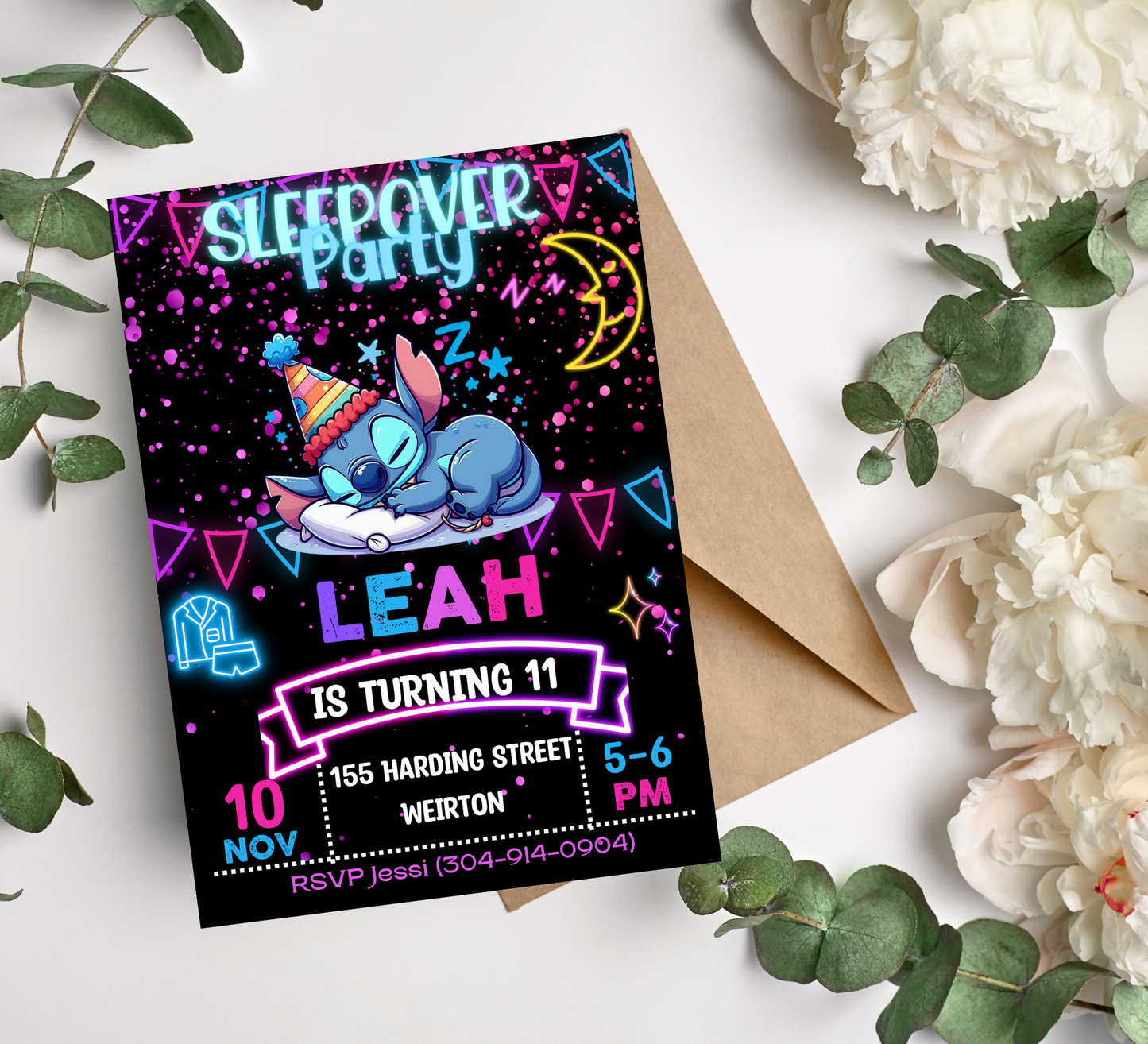 Stitch Sleepover Neon Birthday Invitation | Lilo and Stitch Party Invite | Editable Digital Download | Vibrant and Fun Sleepover Theme