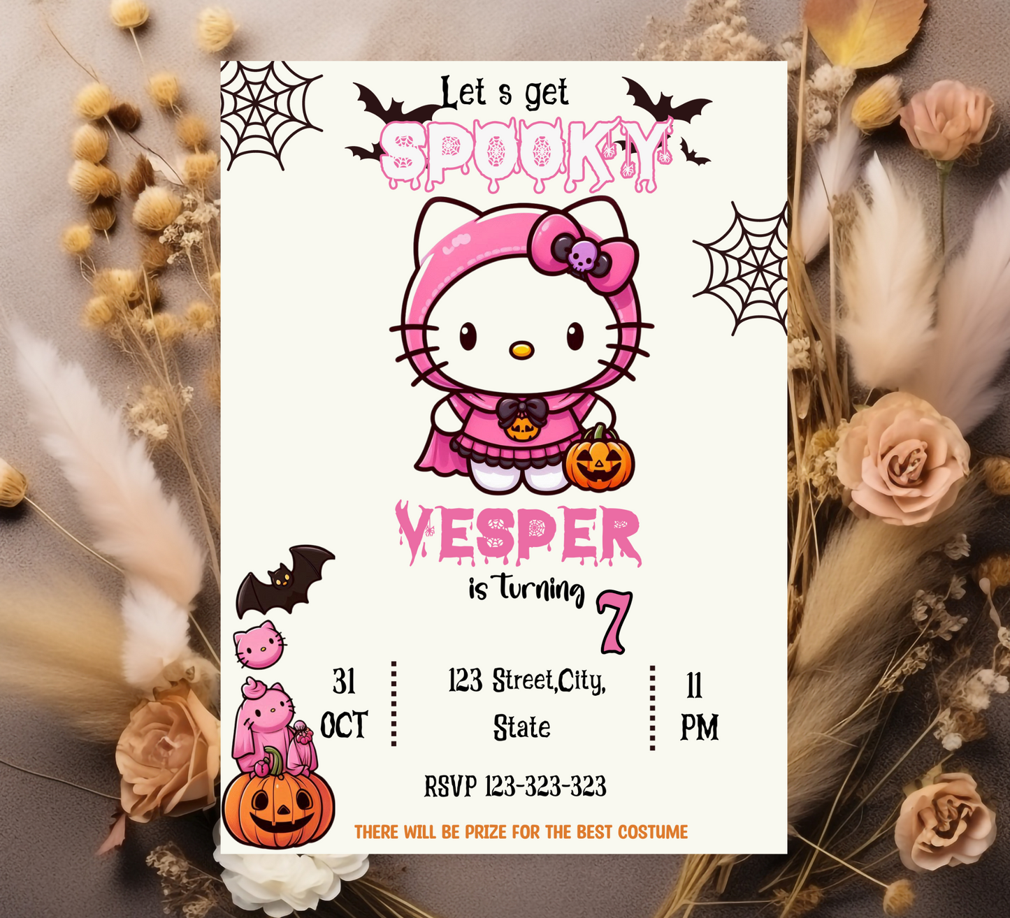 "Hello Kitty Pink Halloween Birthday Invitation - Customizable Digital Girls Party Invite