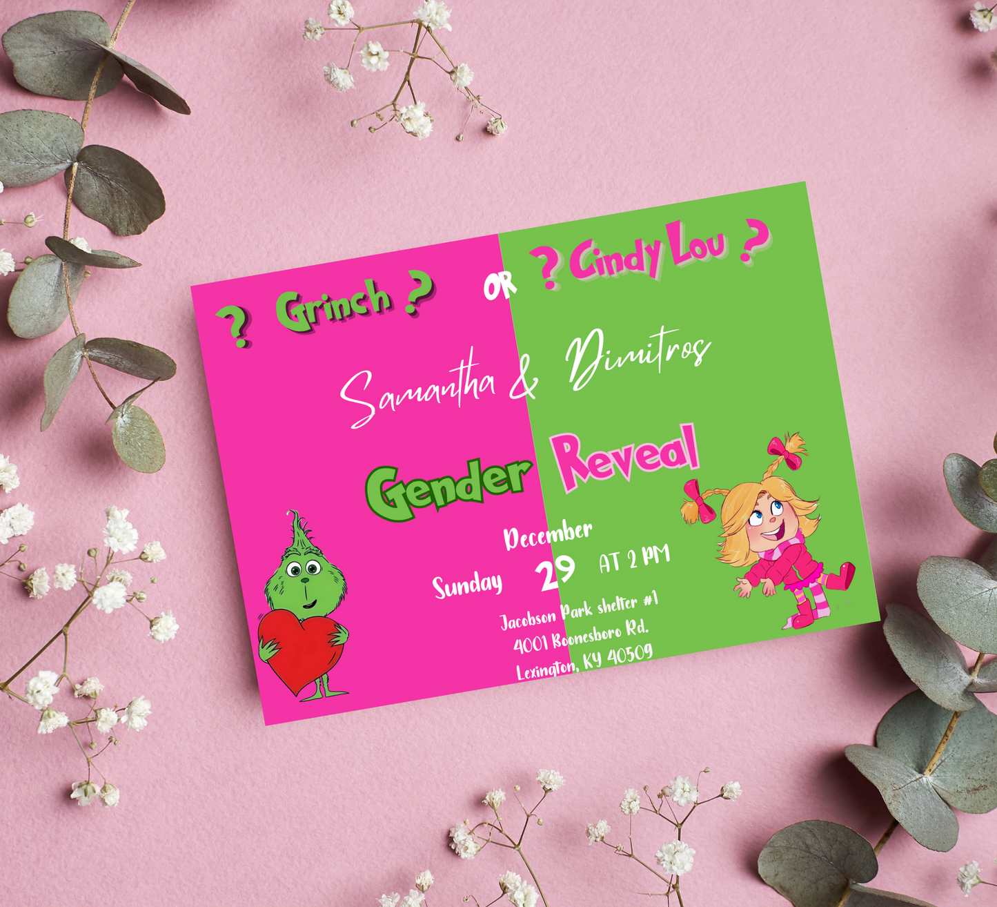 Cindy Lou Who Gender Reveal Invitation | Pink Green Baby Shower | Grinch Theme