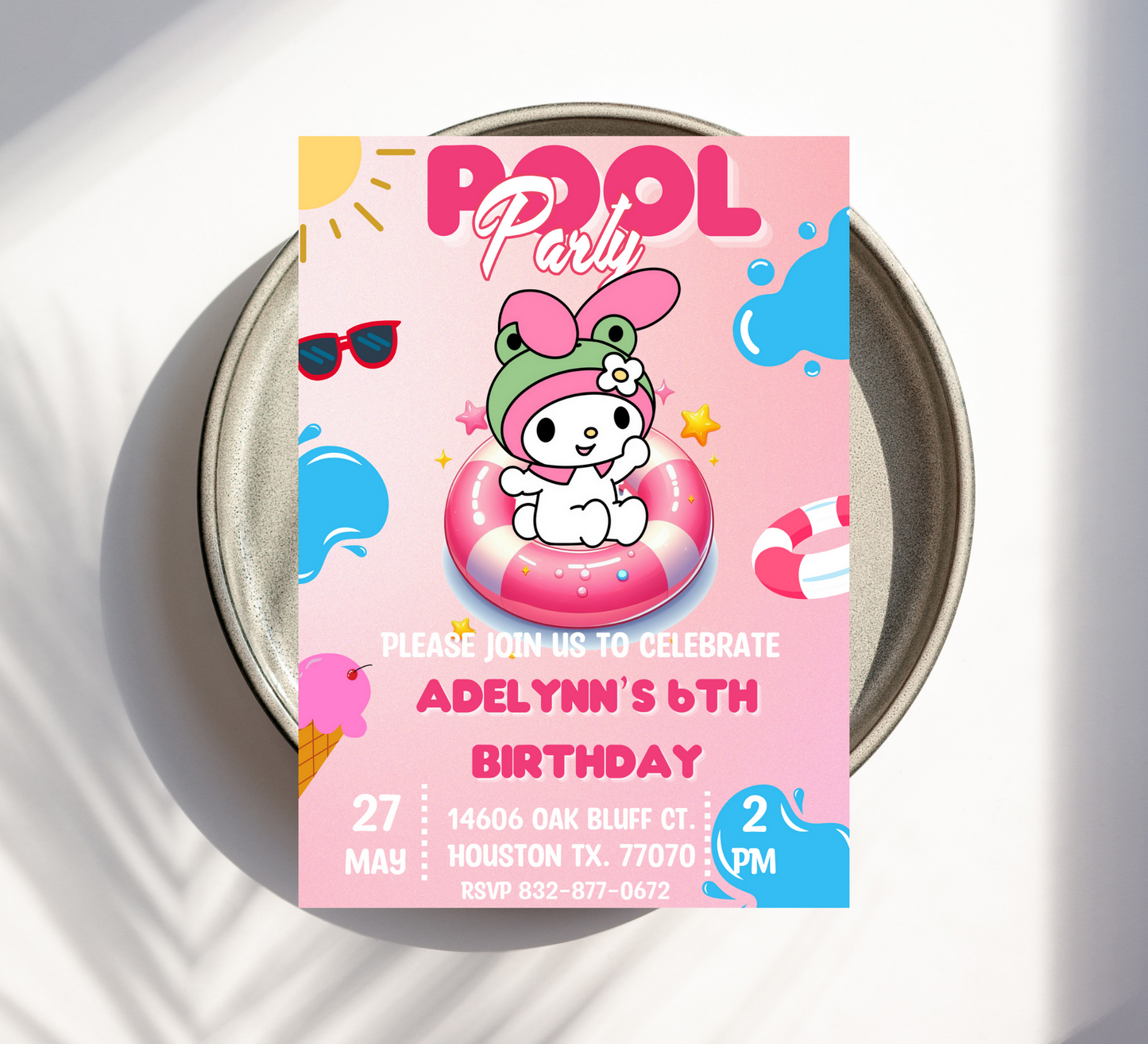 Editable Kawaii Character Pool Birthday Invitation Card | Hello Kitty, My Melody, Sanrio Invite