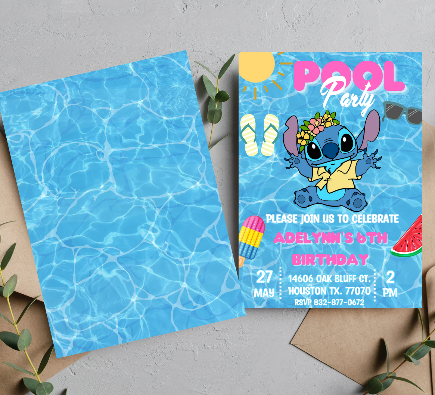 Stitch Pool Neon Hawaiian Birthday Invitation with Thank You Card Set | Tropical Celebration Duo