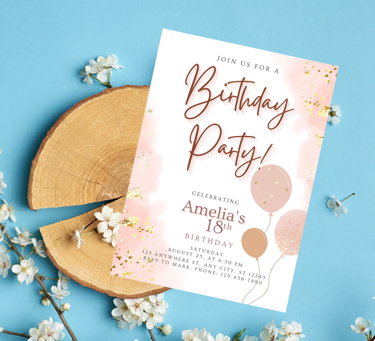 Chic Rose Gold Balloon Birthday Invitation: Elegant Celebration with Sparkling Accents