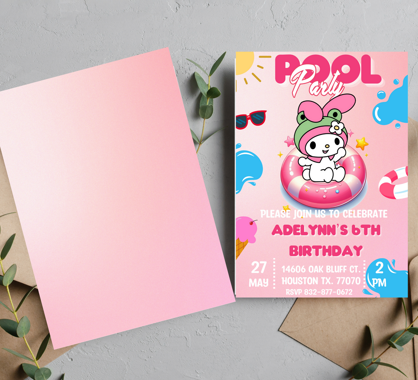 Editable Kawaii Character Pool Birthday Invitation Card | Hello Kitty, My Melody, Sanrio Invite