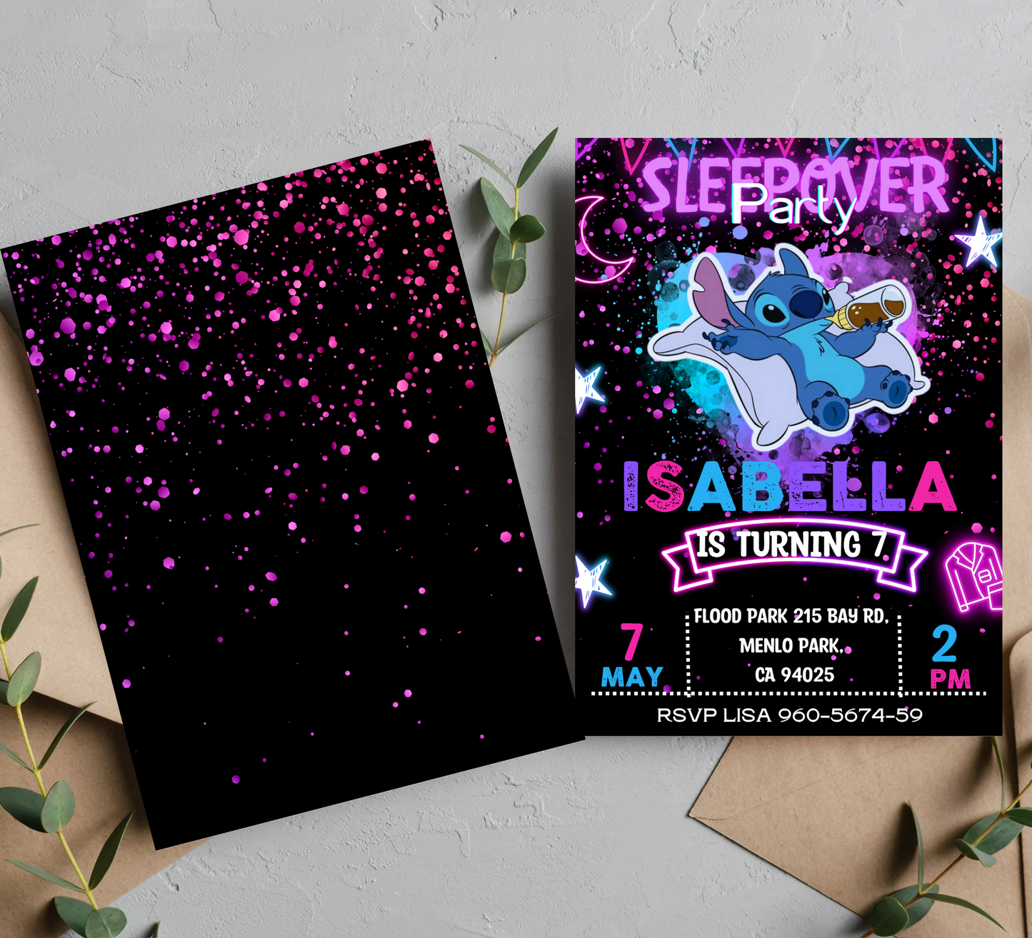 Stitch Neon Sleepover Birthday Invitation | Lilo & Stitch Party Invite | Vibrant Celebration Theme