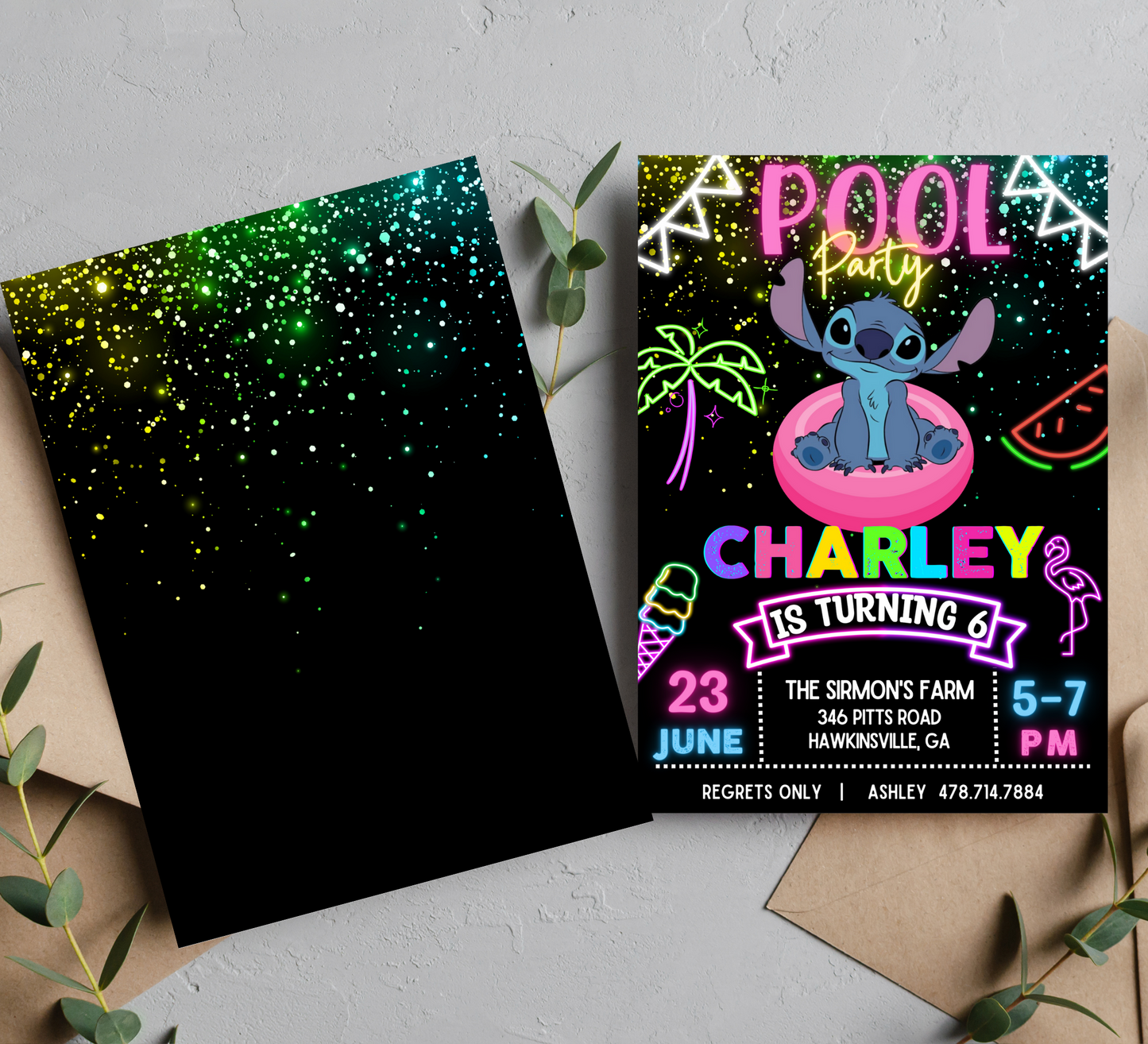 Stitch Neon Pool Birthday Invitation | Vibrant Tropical Celebration Theme