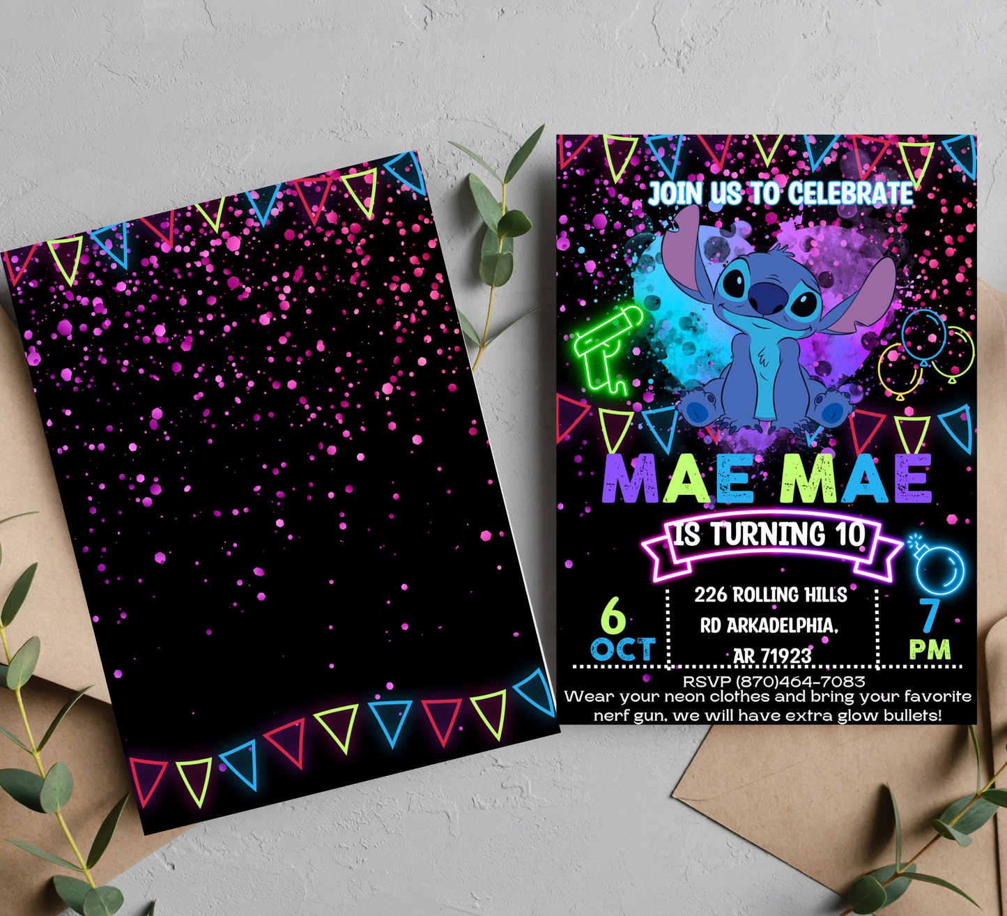 Stitch Neon Nerf Gun Birthday Invitation | Lilo & Stitch Party Invite | Vibrant Nerf Battle Theme