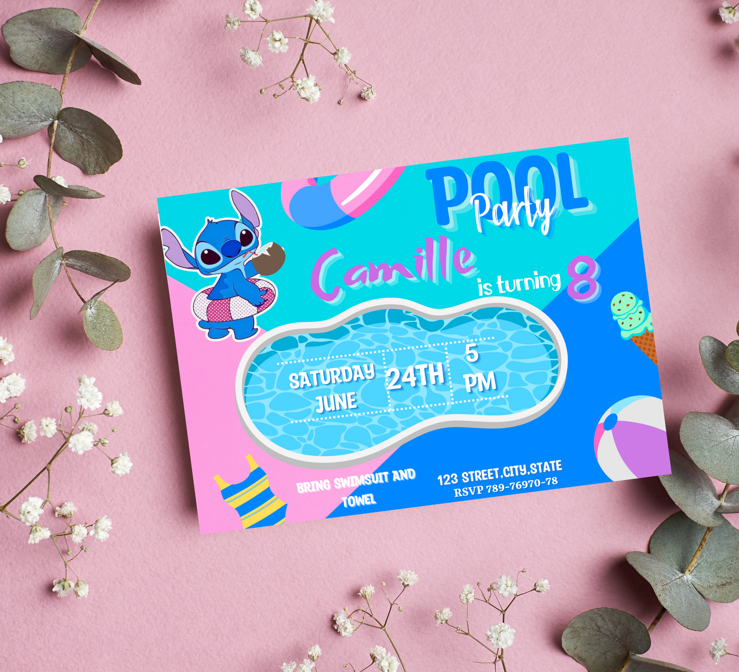 Stitch Pool Birthday Splash Party Invitation | Lilo & Stitch Birthday Bash Celebration