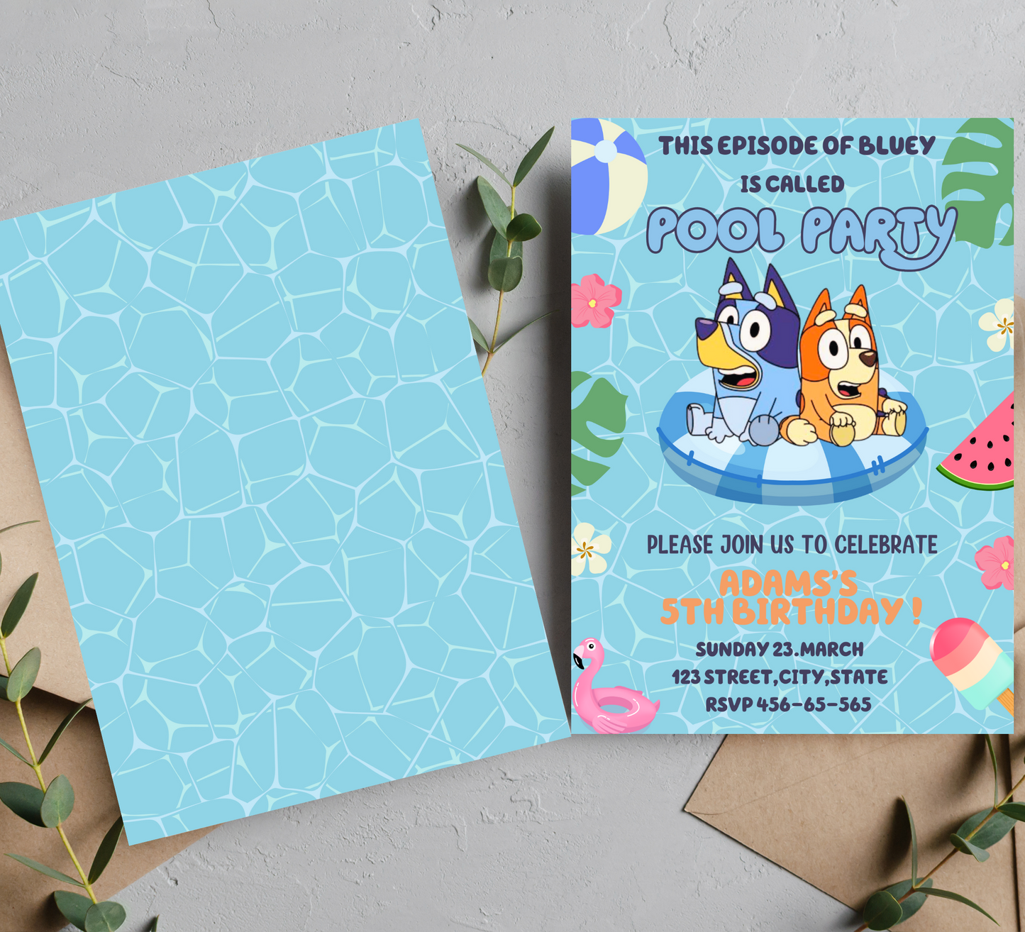 Bluey and Bingo Pool Party Birthday Invitation in Two Colors - Customizable Kids Invite