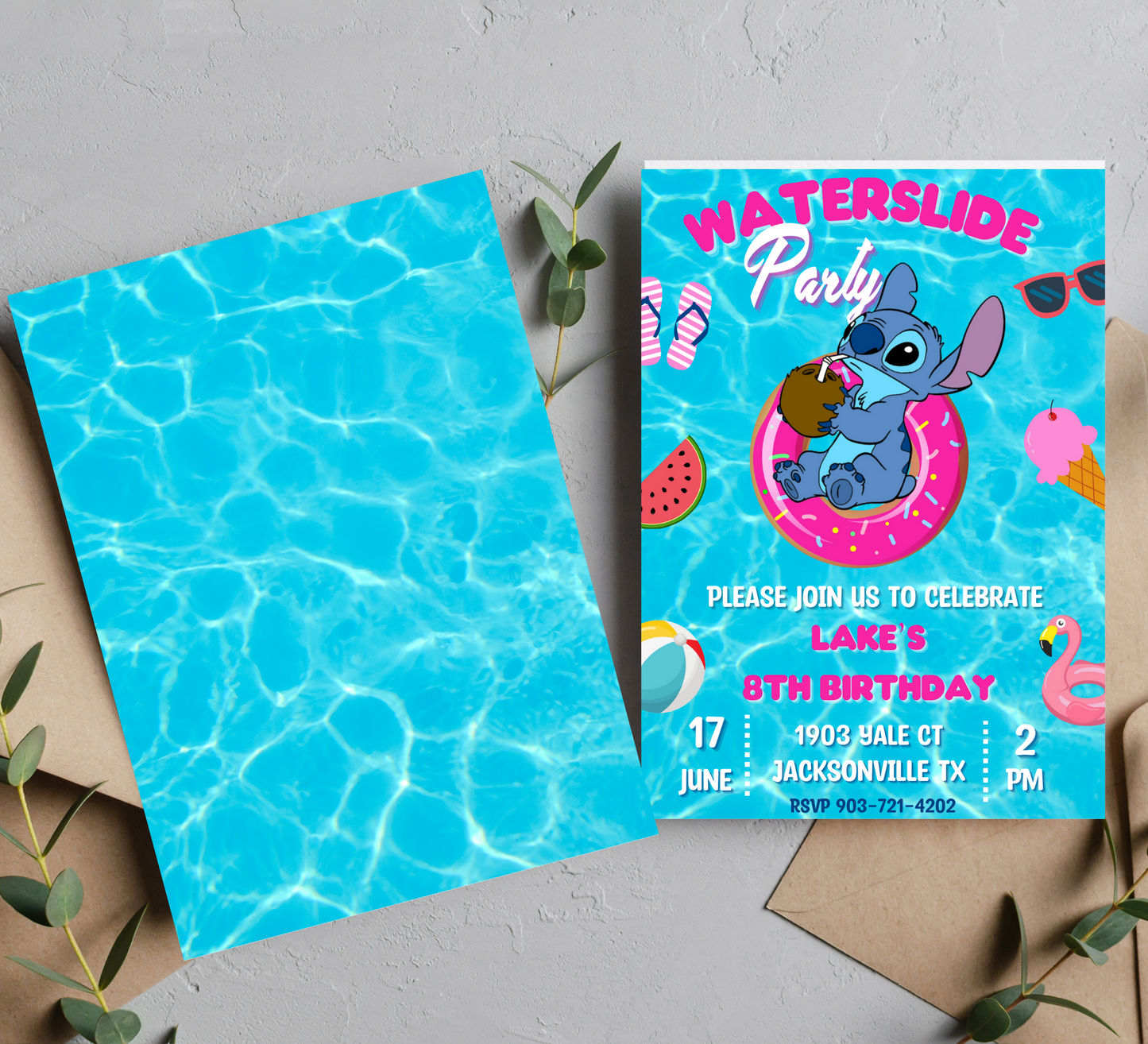 Stitch Pool Waterslide Birthday Invitation & Thank You Card Set | Summer Splash Celebration Duo