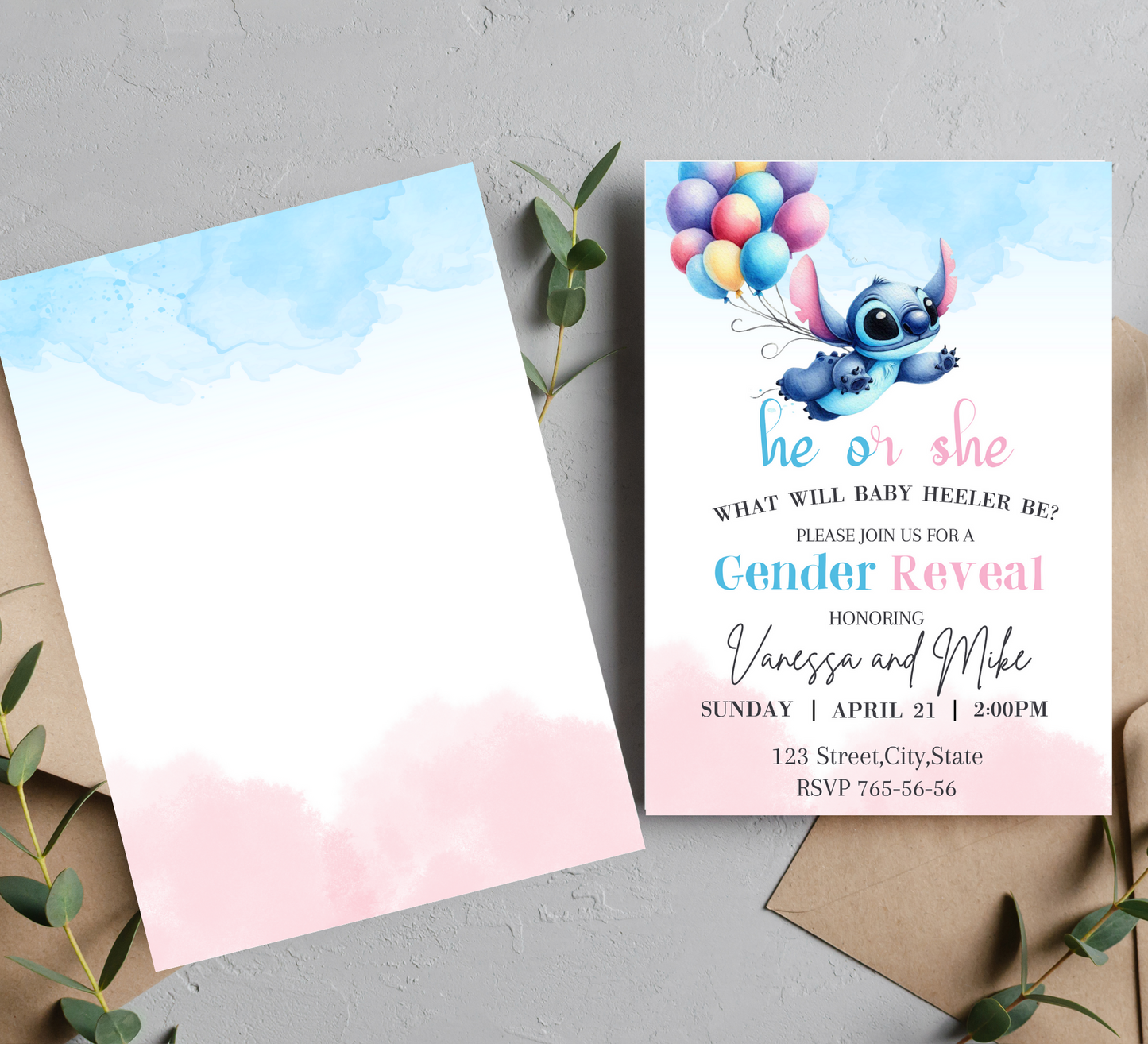 Stitch Watercolor Gender Reveal Invitation | Tropical Ohana Theme