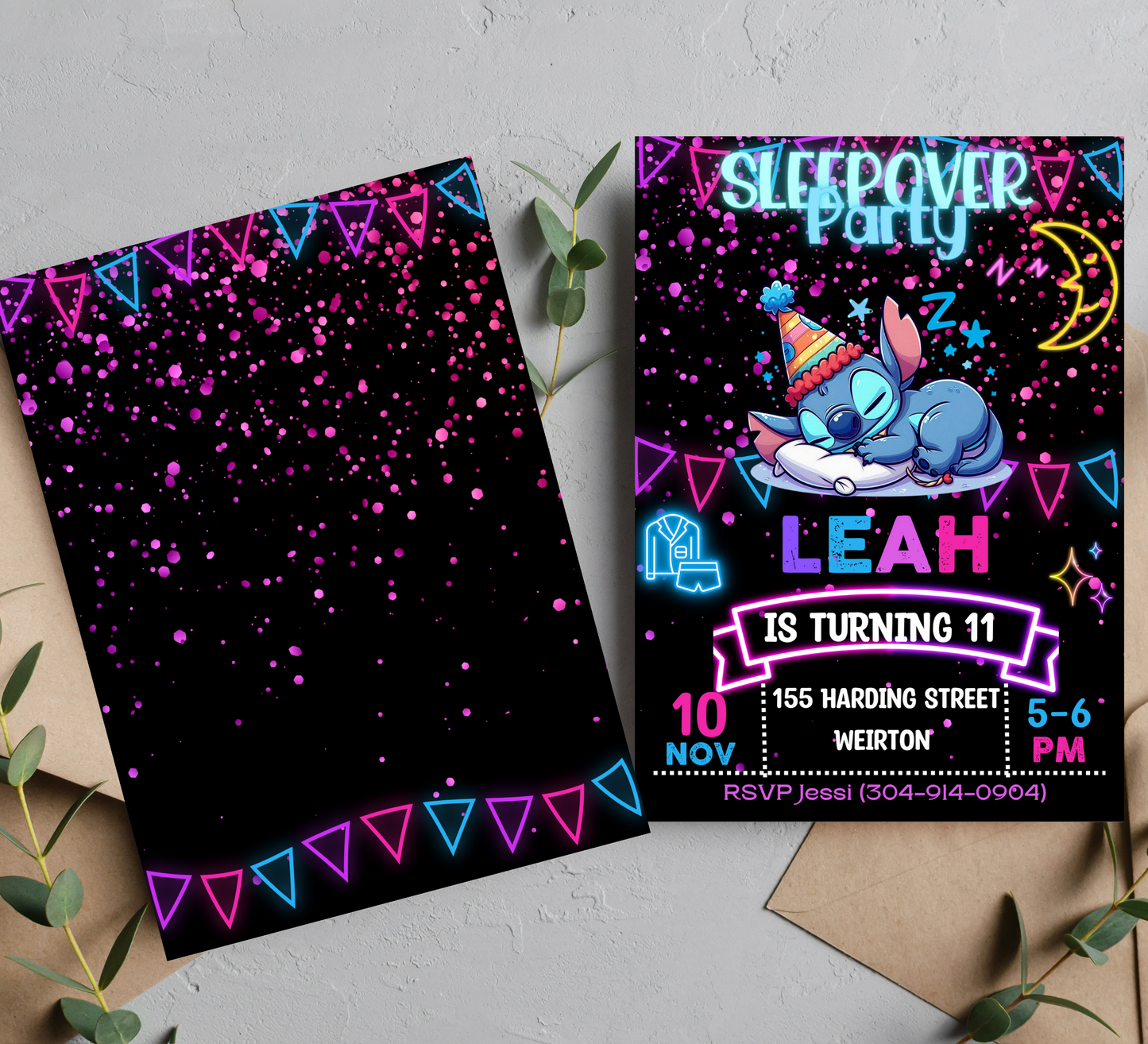 Stitch Sleepover Neon Birthday Invitation | Lilo and Stitch Party Invite | Editable Digital Download | Vibrant and Fun Sleepover Theme