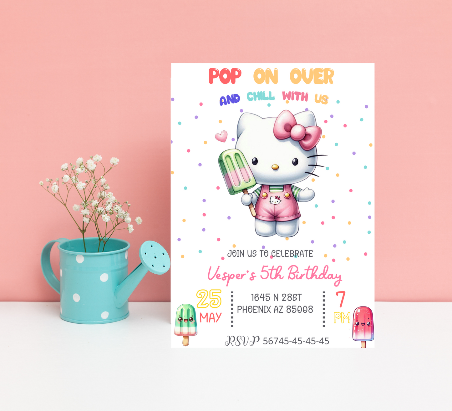 Editable Hello Kitty Popsicle Birthday Invitation Kawaii Popsicle Birthday Invite Sanrio Pop On Over Chill With Us Girl Popsicle Party Ice Cream Digital Invite