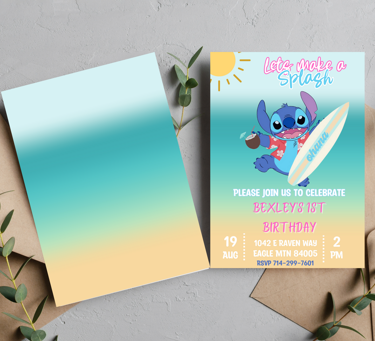 Stitch Splash Surf Ohana Birthday Invitation | Tropical Celebration