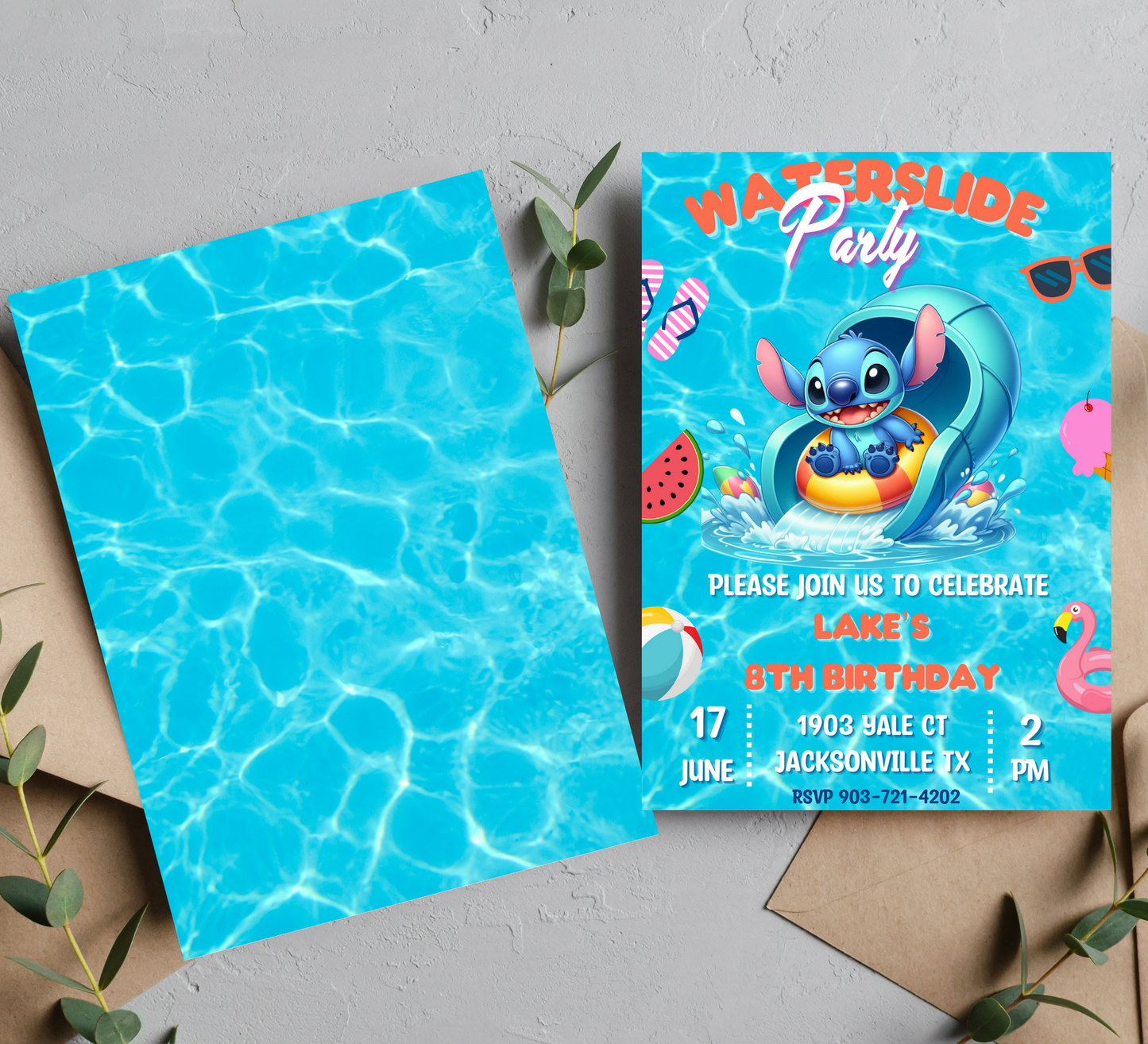 Stitch Pool Waterslide Birthday Invitation | Splash Party Fun | Customizable Digital Invite