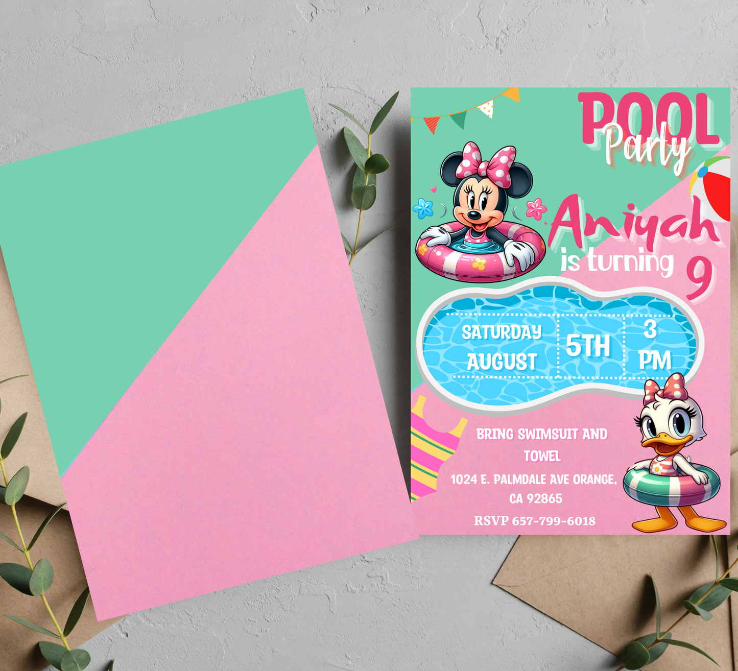 Disney Pool Party Invitation: Minnie Mouse and Daisy Duck Pool Birthday Bash