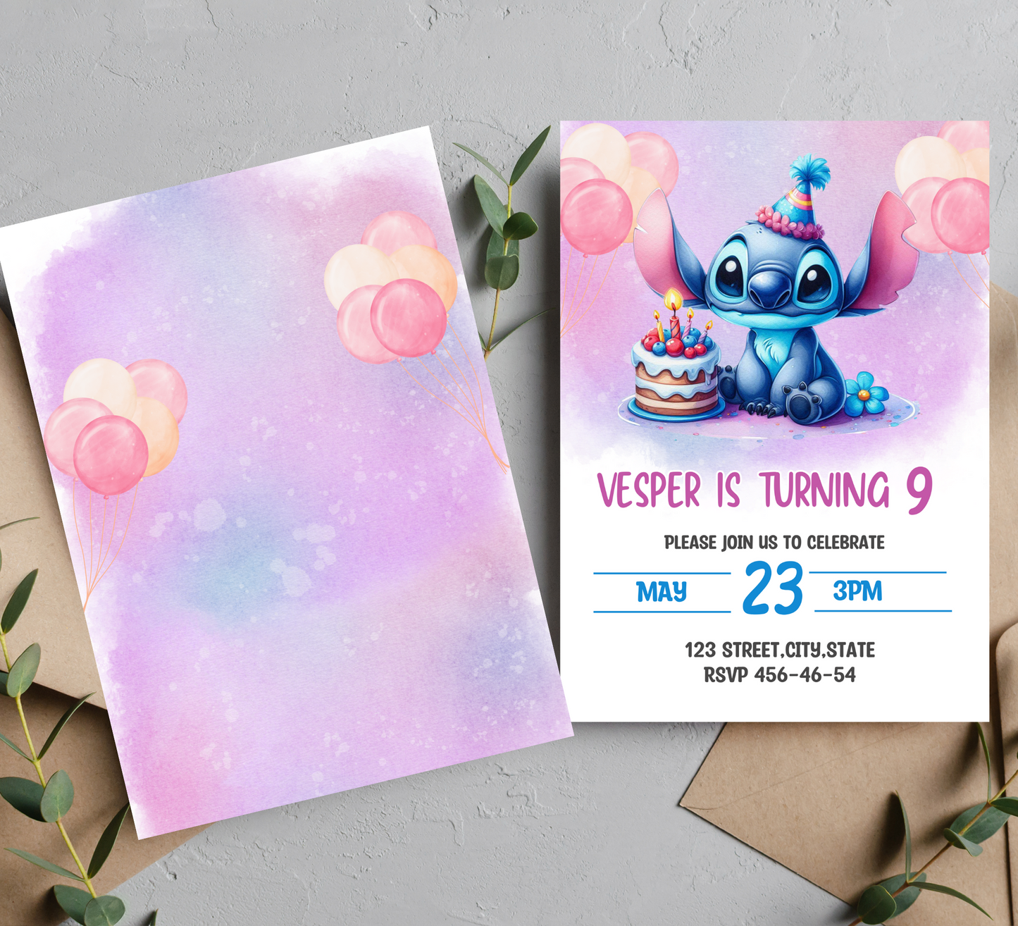 Editable Stitch Birthday Invitation and Favor Tag Template, Canva Editable Birthday Invitation, Lilo Stitch Angel Birthday Party Invitation