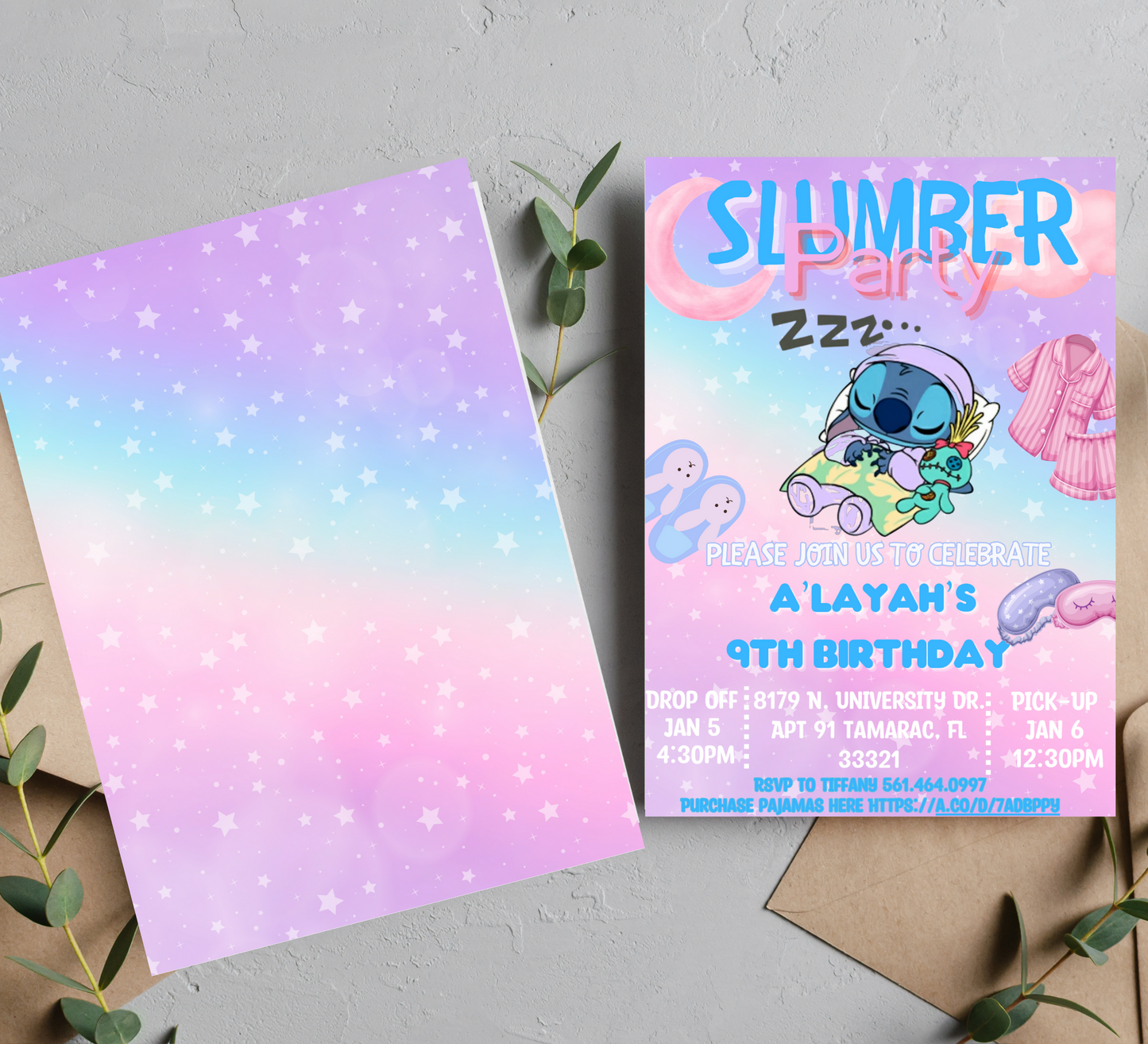 Stitch Slumber & Lilo Birthday Invitation | Tropical Hawaiian Sleepover Party